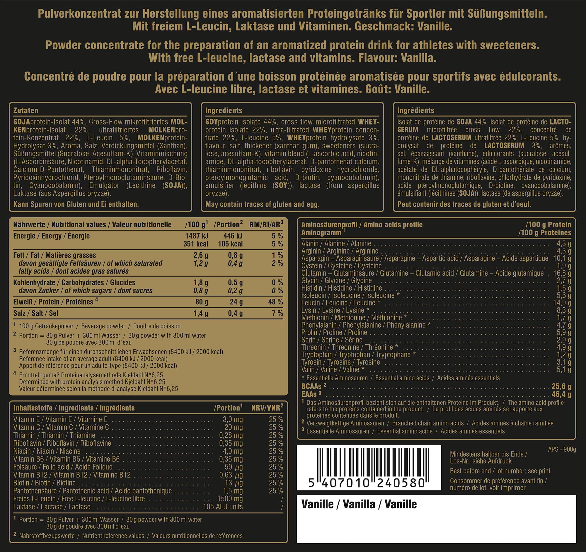 PEAK Anabolic Protein Selection - 900g Geschmack Vanilla I 30 Portionen I Proteinquelle: Whey Isolat, Konzentrat, Hydrolysat, Sojaprotein I Zugesetztes L-Leucin I Muskelaufbau
