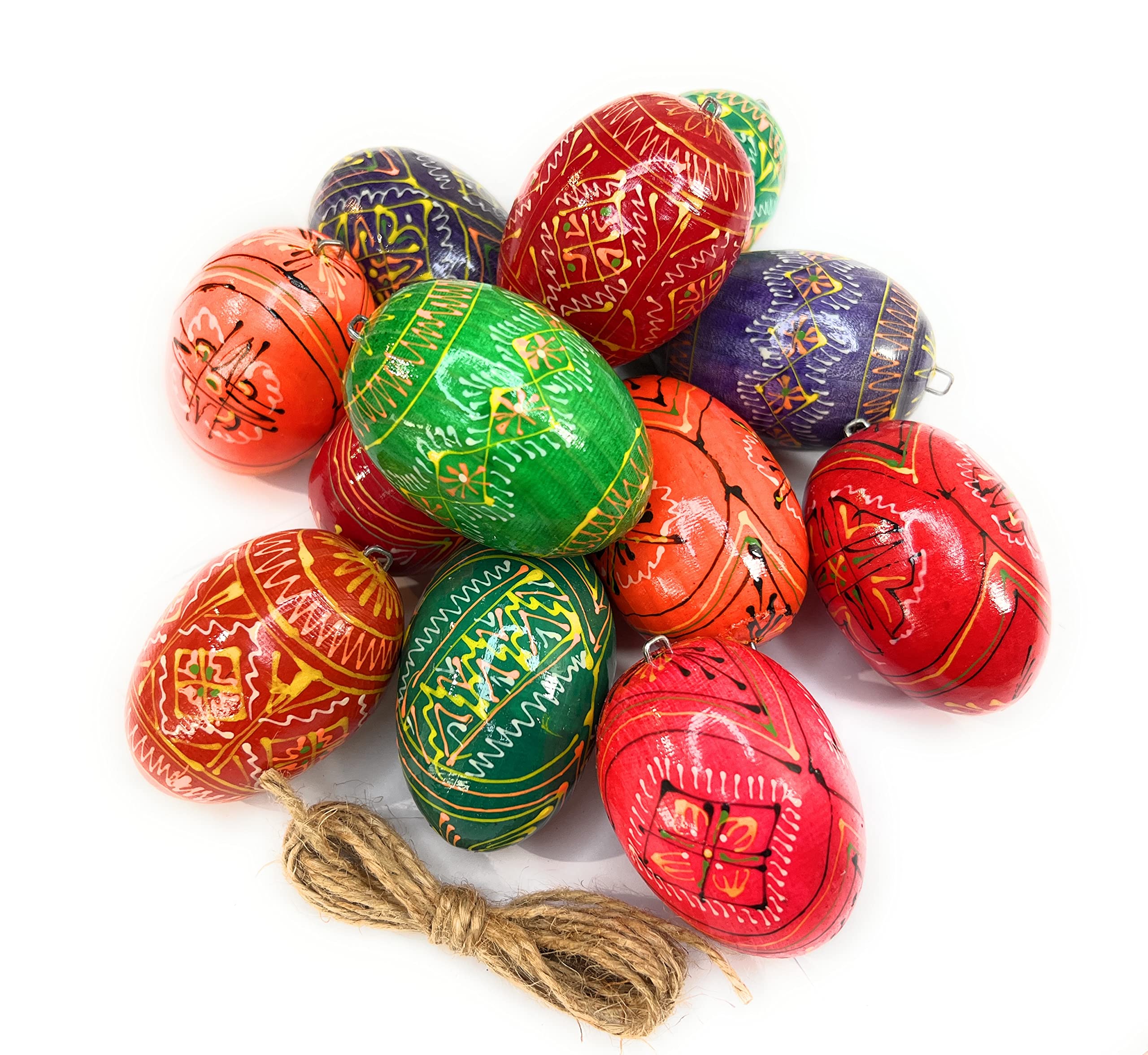 Ukrainisches Kunsthandwerk Handbemaltes Holz Osterei Traditionell Gemischt – Set mit 12 Stück – Osterdeko zum Aufhängen mit Metallöse – traditionelle Handarbeit