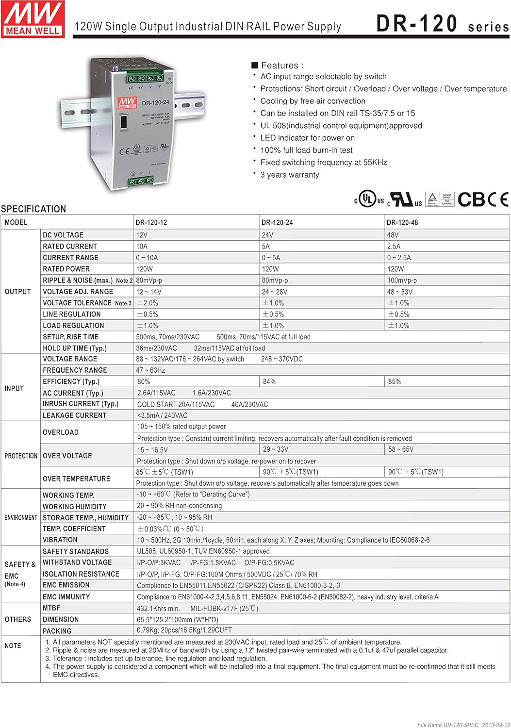 MW Mean Well DR-120-24 24V 5A 120W Single Output Industrial DIN RAIL Power Supply