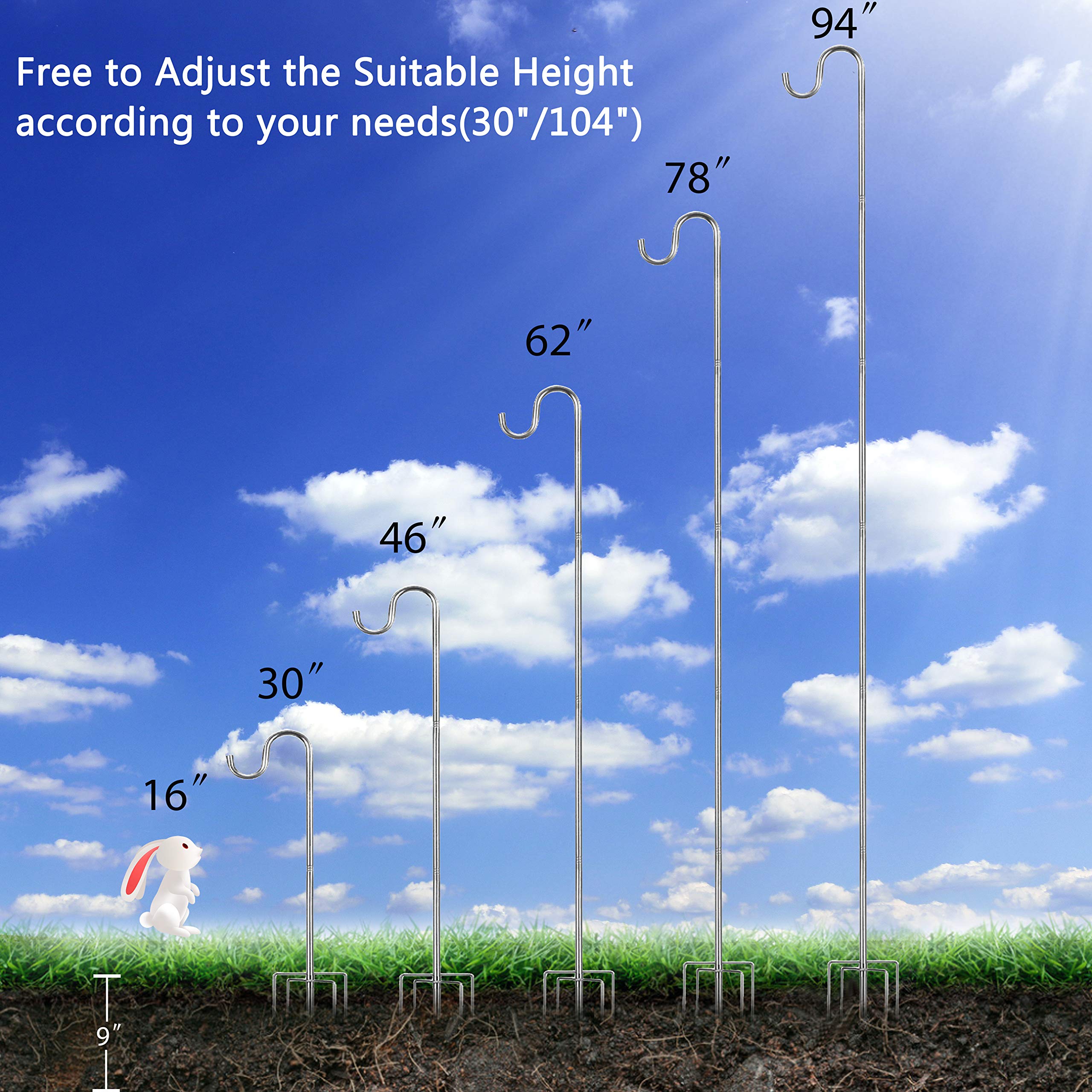 HOME RIGHT Poste de comedero para pájaros, 234 cm, ajustable, ganchos de jardín de pastores, ganchos de jardín resistentes de metal de 5 puntas, gancho para colgar luces, macetas, farolillos para