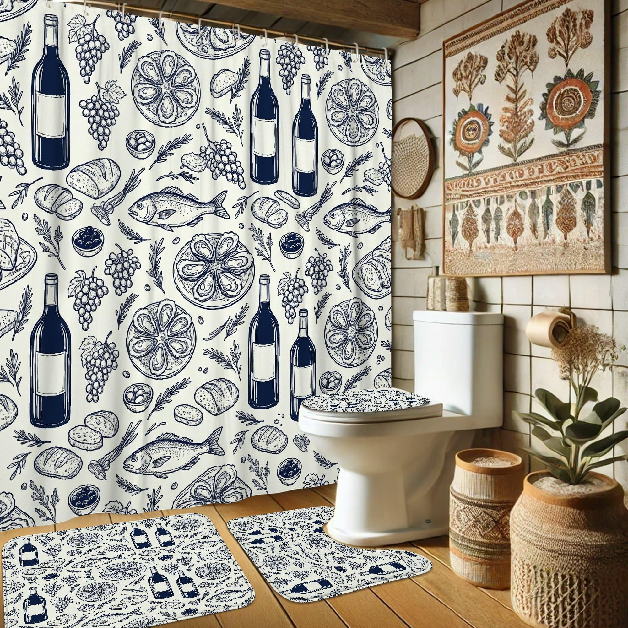Rideaux de douche rustiques 183x183 avec tapis vintage de bain en toile de vin