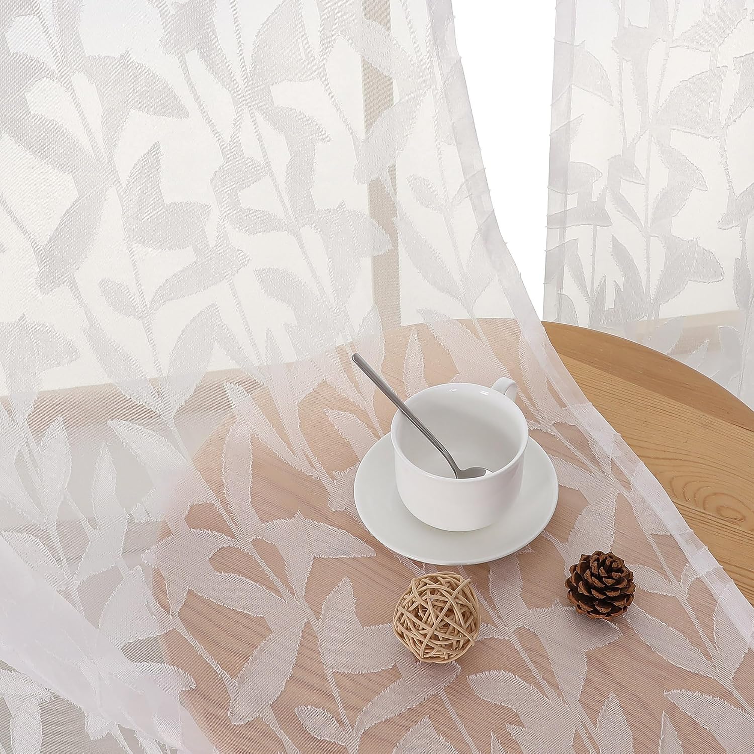 OWENIE Leyna 36 Inch Length Ivory Sheer Curtains Tiers 2 Pieces, Modern Leaf Jacquard Textured Short Kitchen Window Curtain for Living Room Bedroom, Modern Double Rod Pockets, 40Wx36L Inches