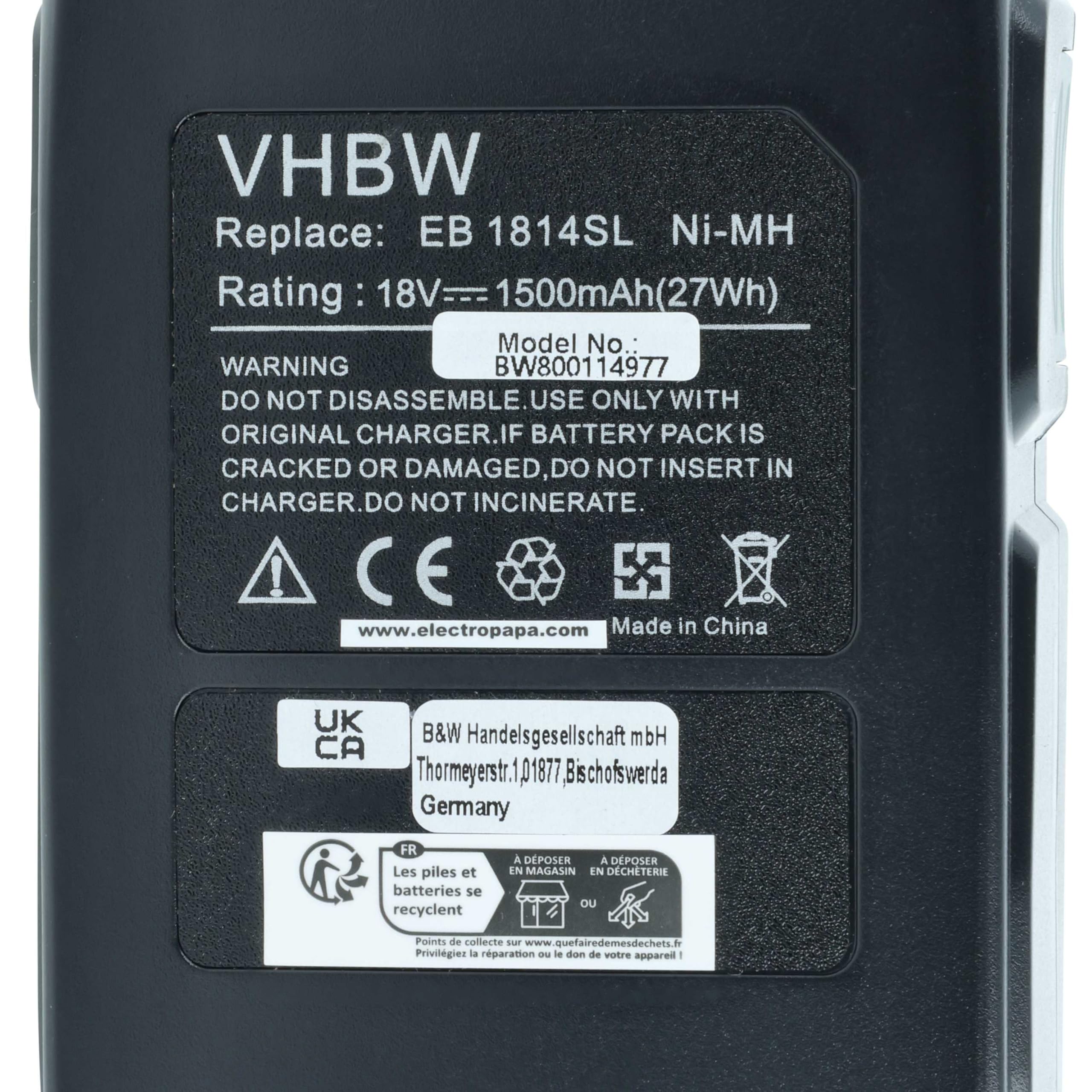 vhbw 3x NiMH akumulator 1500 mAh (18 V) pasujący do elektronarzędzi narzędzia Powertools Tools Hitachi WR 18DL, WR 18DMR