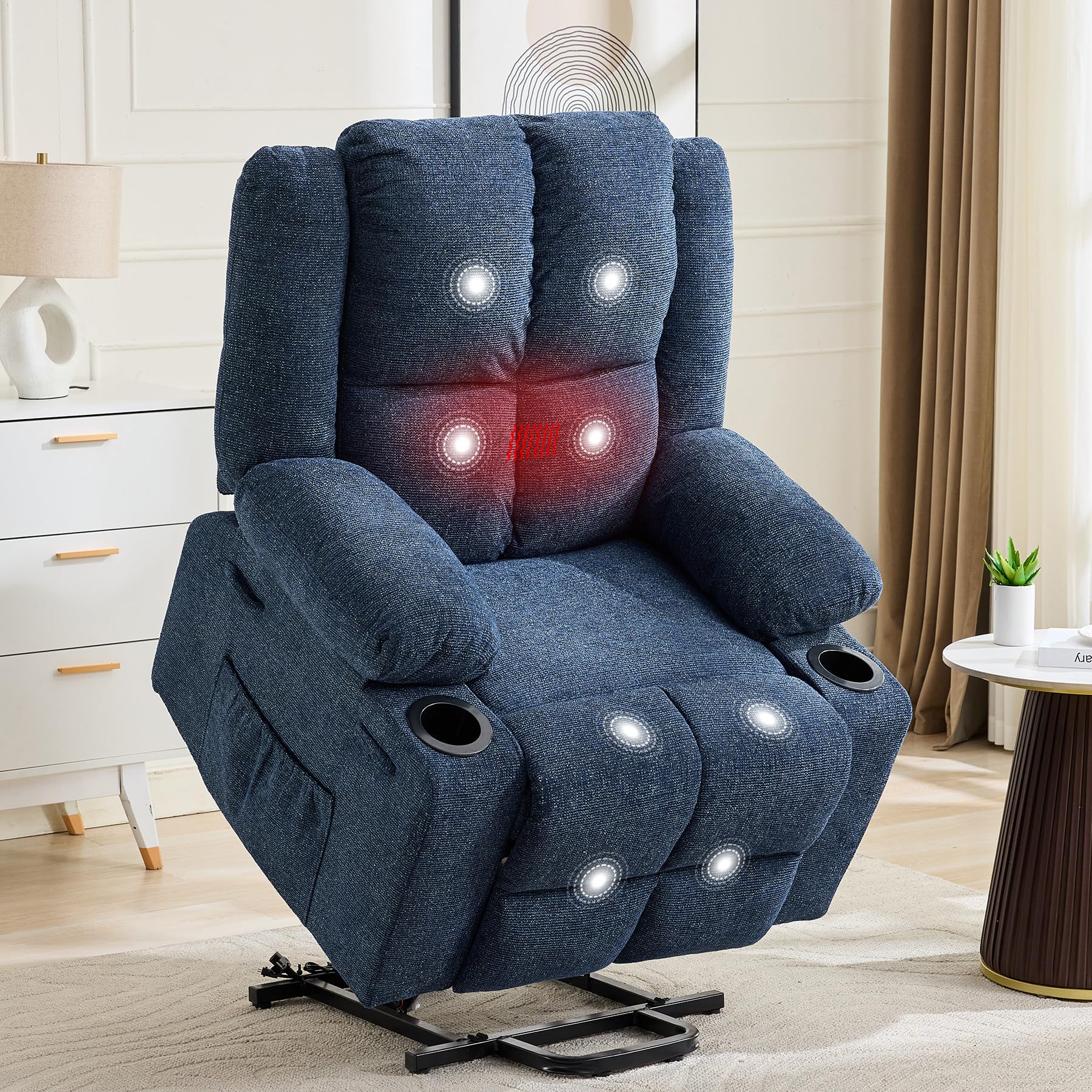 Oversized Power Lift Recliner Chair for Elderly, 135° Lay Flat Electric Recliner with Massage &amp; Heat, Stand Assist Lift Chair with 2 Cup Holders for Living Room,Blue