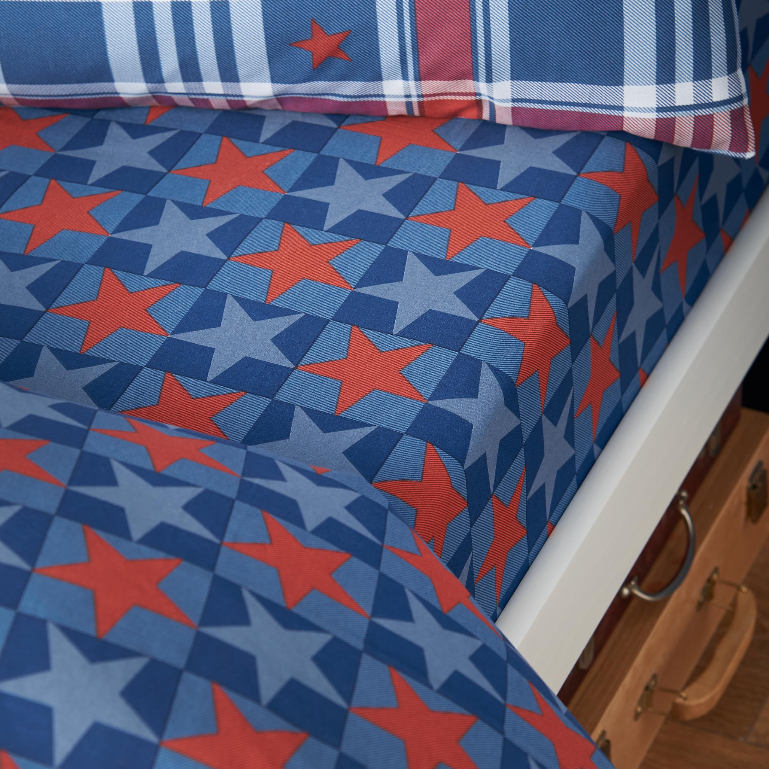 Catherine Lansfield Stars And Check Single Fitted Sheet Blue