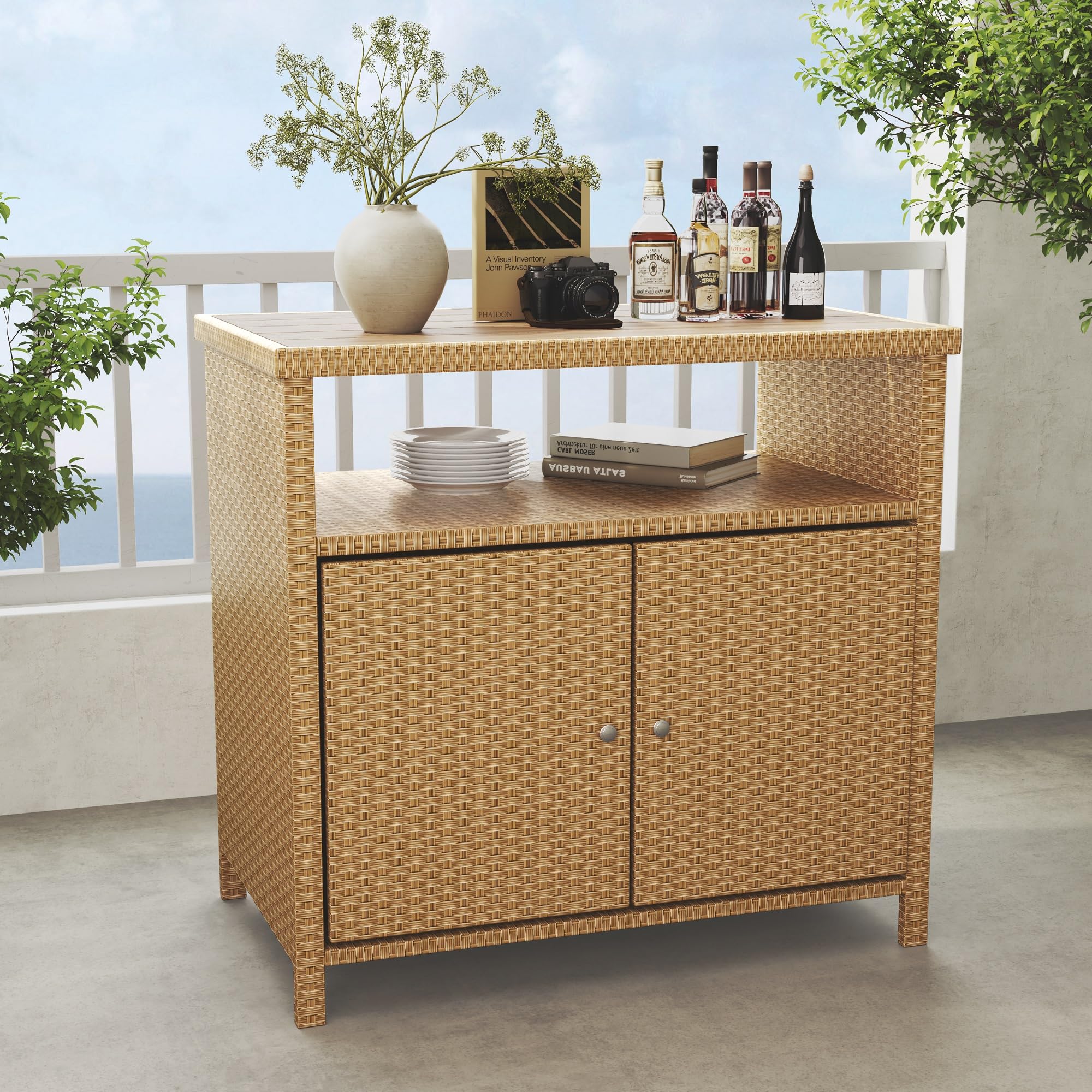 Grand Patio Outdoor Storage Cabinet with Walnut Wood Tabletop