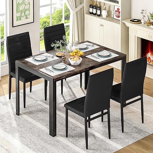 DKLGG Dining Table Set for 4, 5 Piece Kitchen Table Set with PU Leather Chairs Space-Saving Faux Marble Dining Room Table Set for 4 for Small Home Kitchen, Apartment