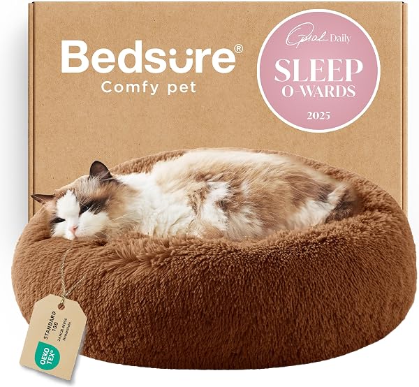 Bedsure Calming Cat Beds Donut Round Washable Kitten Bed,20 Inches Copper