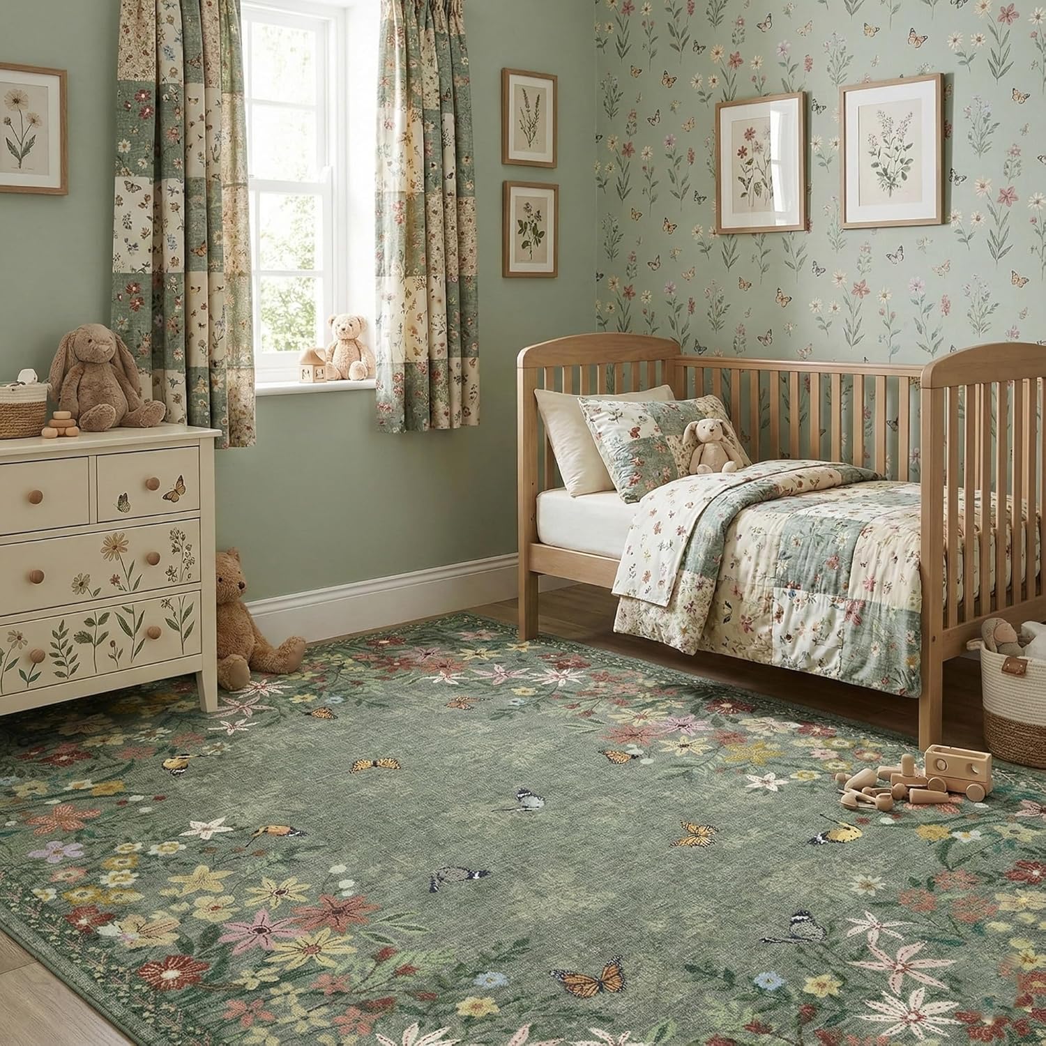 Floral 5x7 Green Area Rug Machine Washable Soft Print Boho Carpet Non Slip Rugs Low Pile Flower Area Rugs for Living Room Bedroom Nursery Kitchen Dining Room Indoor-Green