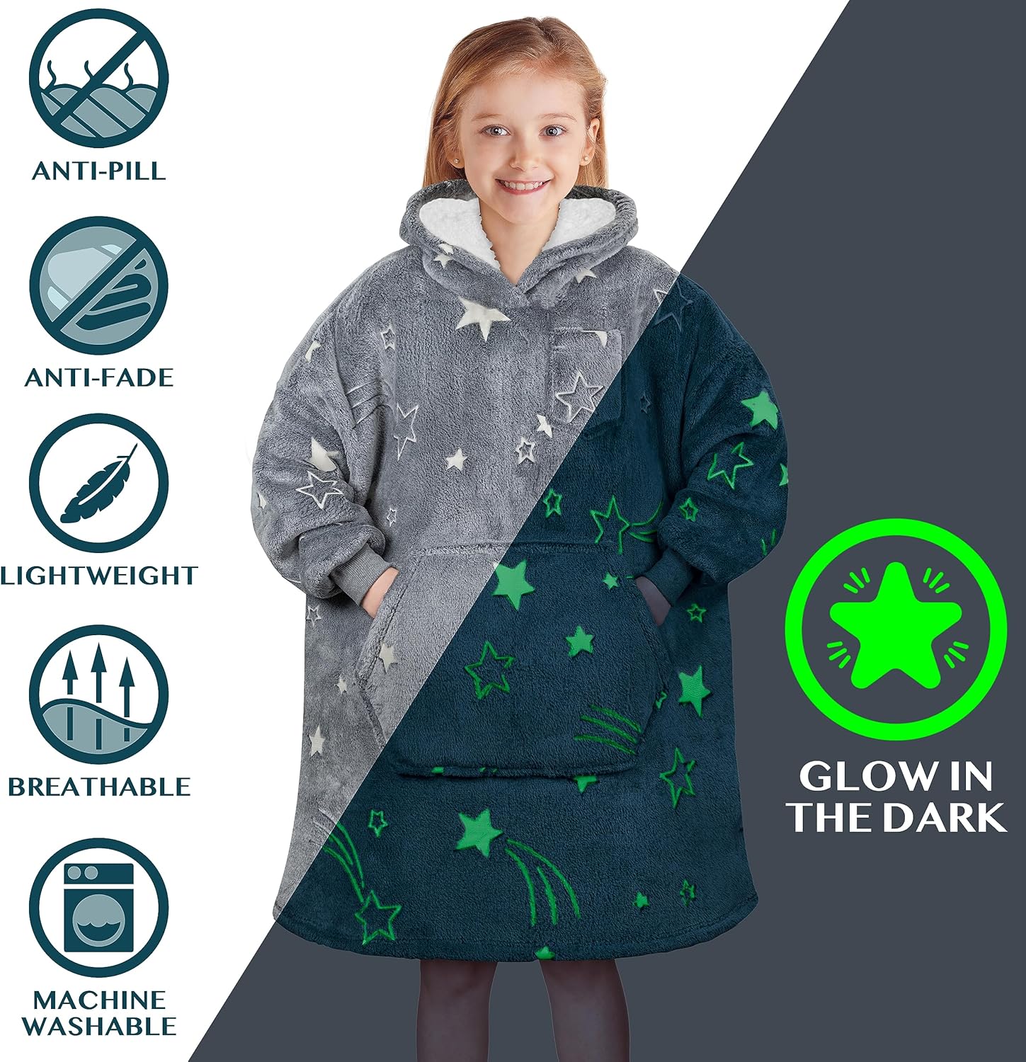 PAVILIA Wearable Blanket Sweatshirt Kids Boy Girl, Warm Cozy Giant Hoodie, Fleece Sherpa Oversized Hood Sleeves, Big Pocket - Image 5