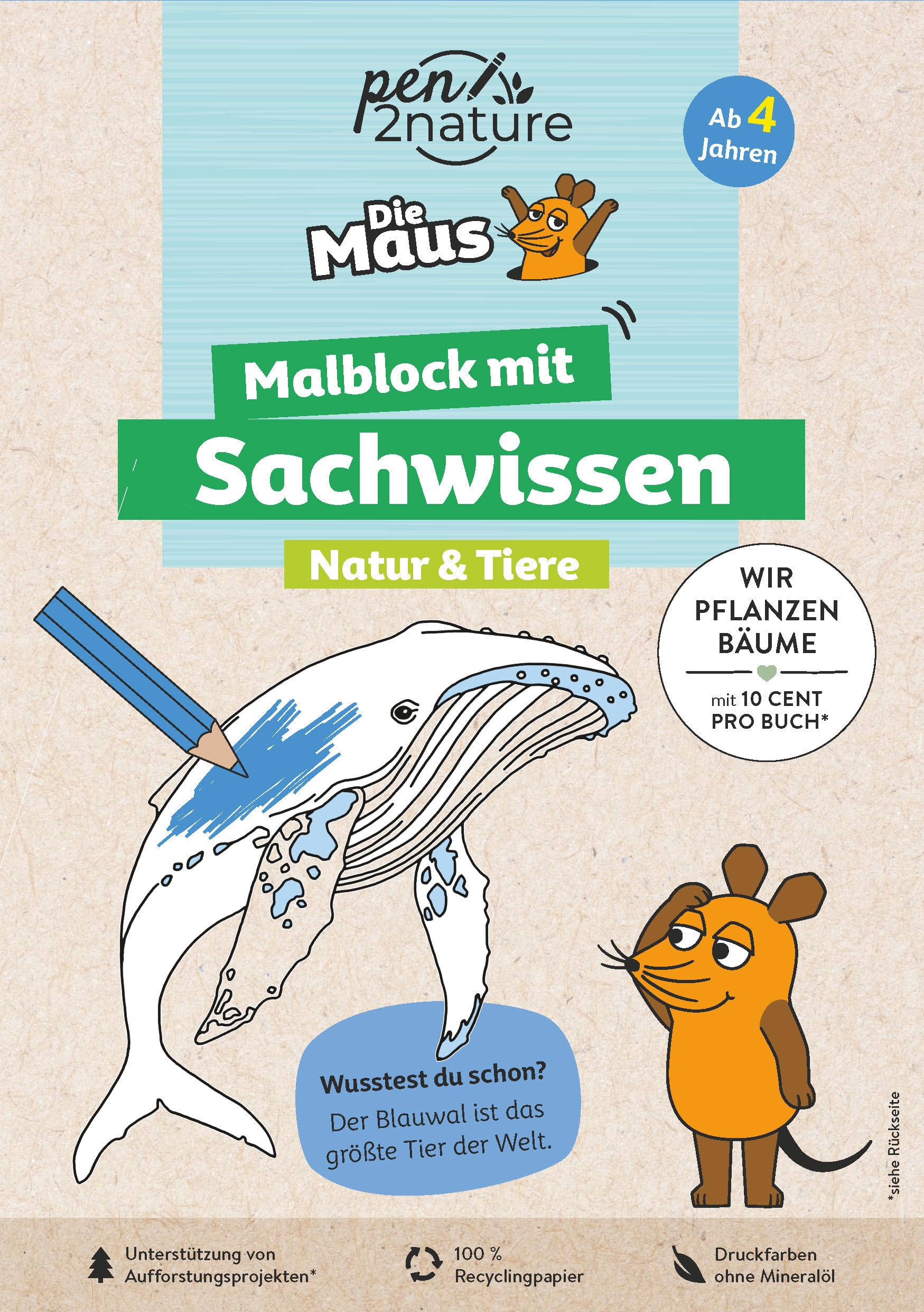 pen2nature Malblock Ausmalen und Lernen mit Die Maus, Natur & Tiere