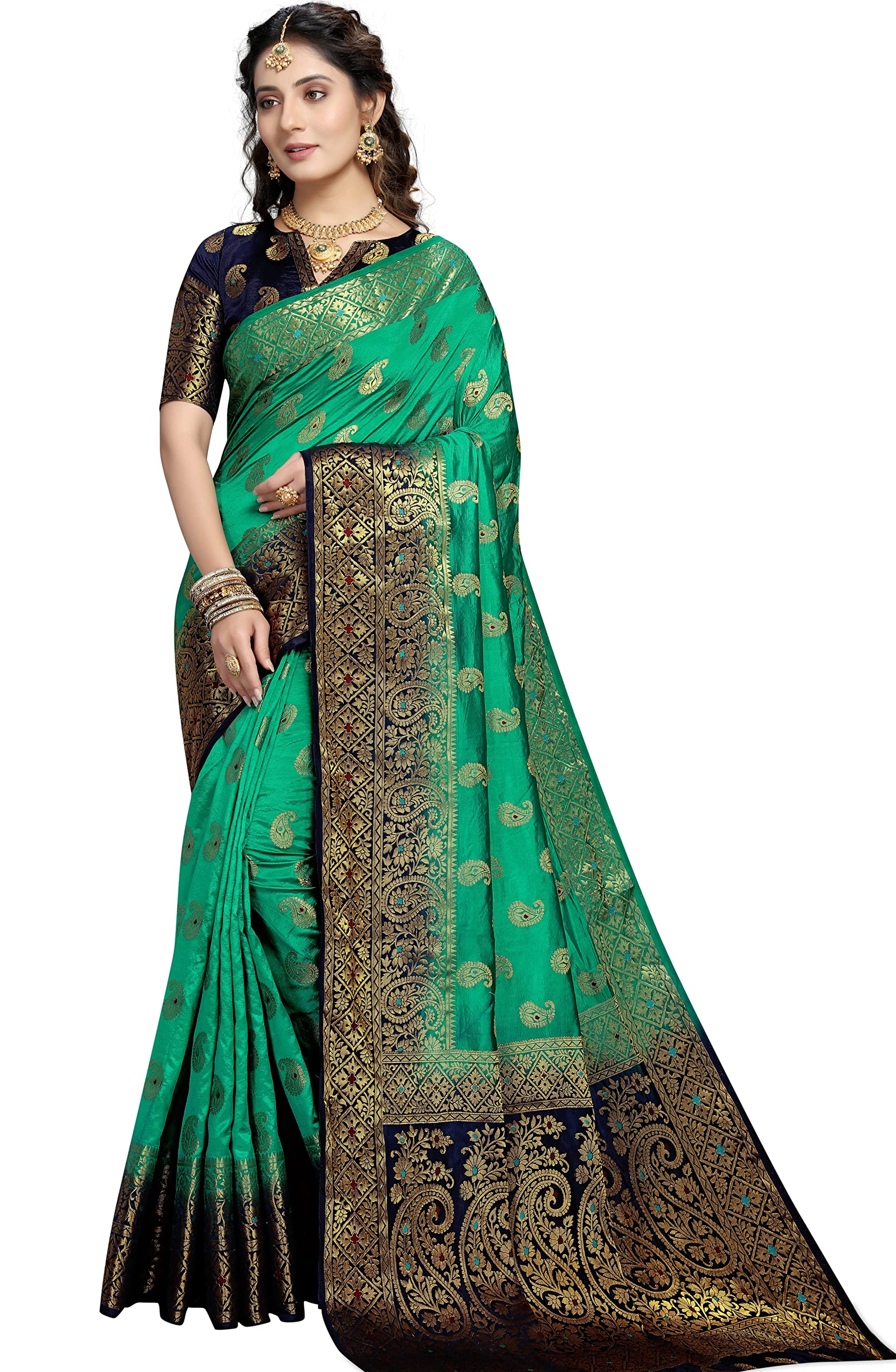 iZibra Women's Pure Wedding Kanjivaram Silk Saree Kanchipuram Pattu Sarees Banarasi Paithani 2022 With Blouse Piece (D15 paithani), Navy Blue Green, Free Size