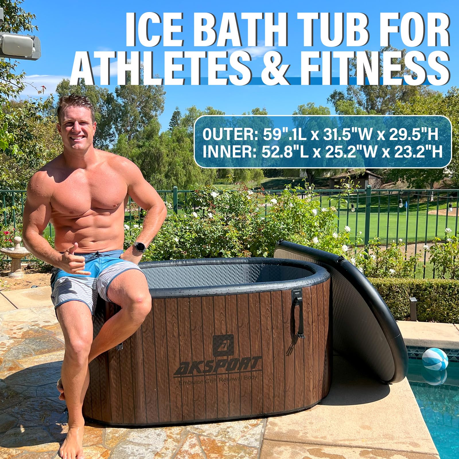 AKSPORT Bañera de hielo hinchable XXL (150 x 80 x 75 cm, 507 L) – Bañera profesional para terapia de frío con conexión para dispositivo de refrigeración, para interior y exterior