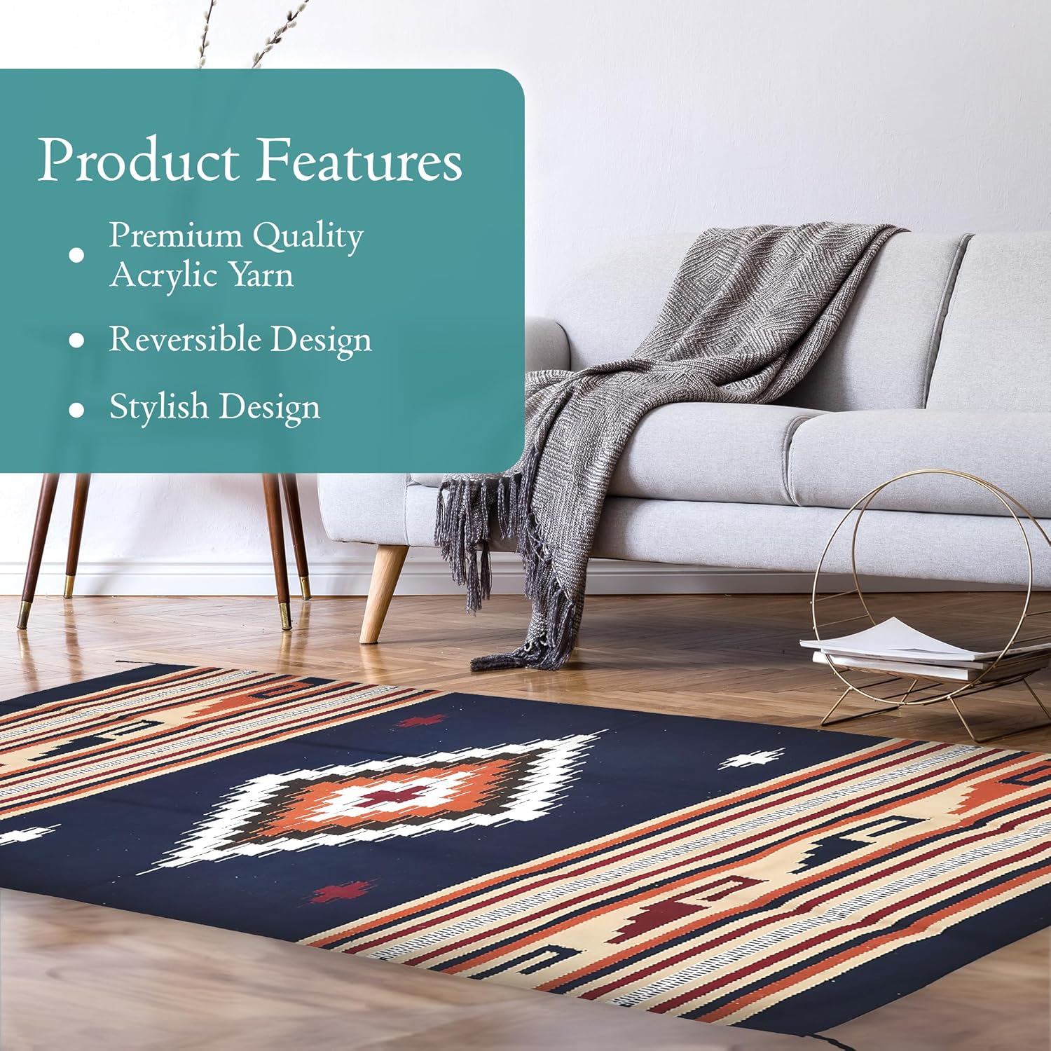 Boho Southwest Area Rug - Washable Bohemian Runner - Western Carpet - Rustic Rugs for Living Room, Outdoor Area, Bedroom, Decor, Kitchen & More (Center Diamond, 20x40 Inches, Blue/Cream)