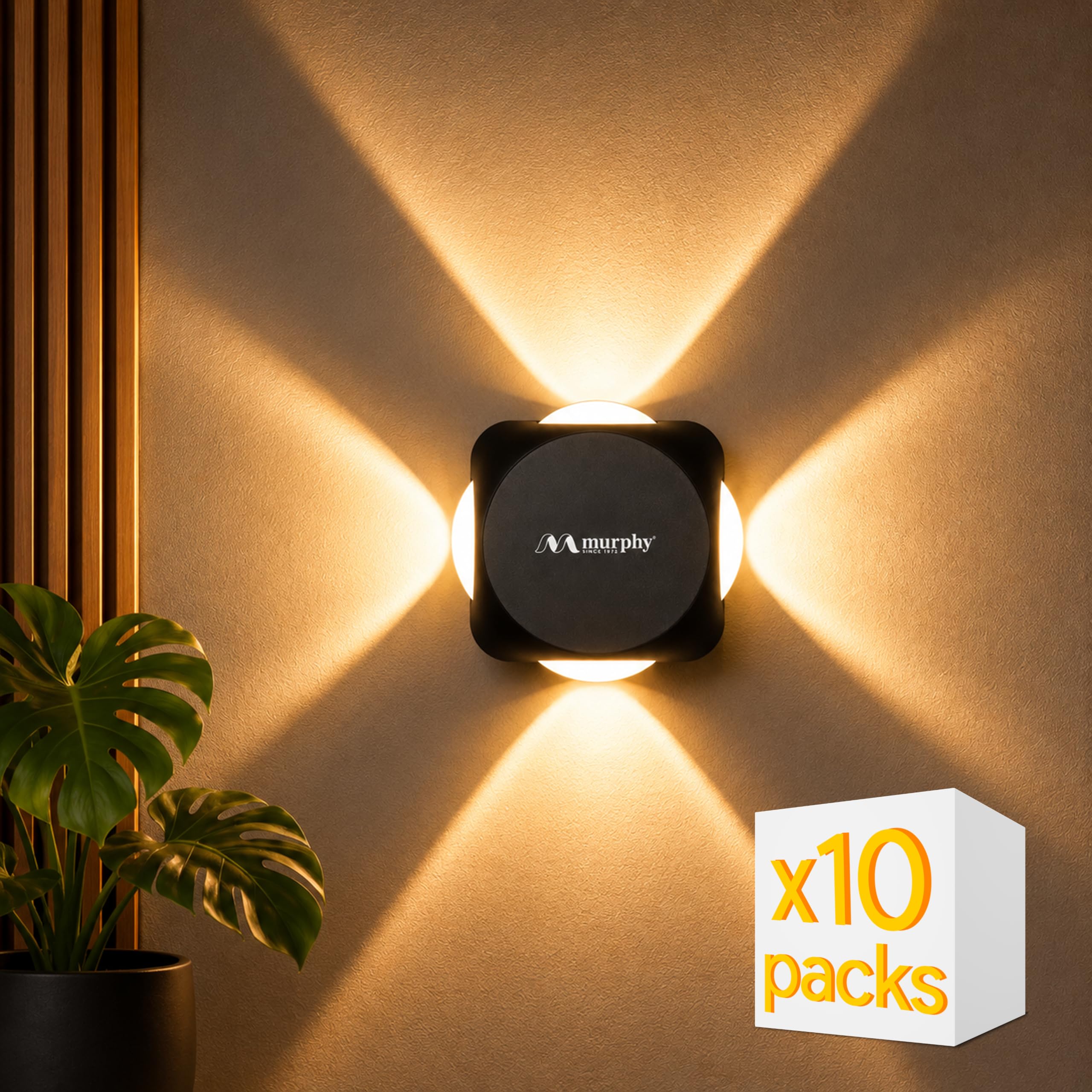 Murphy LED Outdoor Up/Down Wall Light - 6W, Warm White, (4 Multi-Directional Beams), IP65 Waterproof Aluminum Body, Pack of 10 (2-Year Warranty)