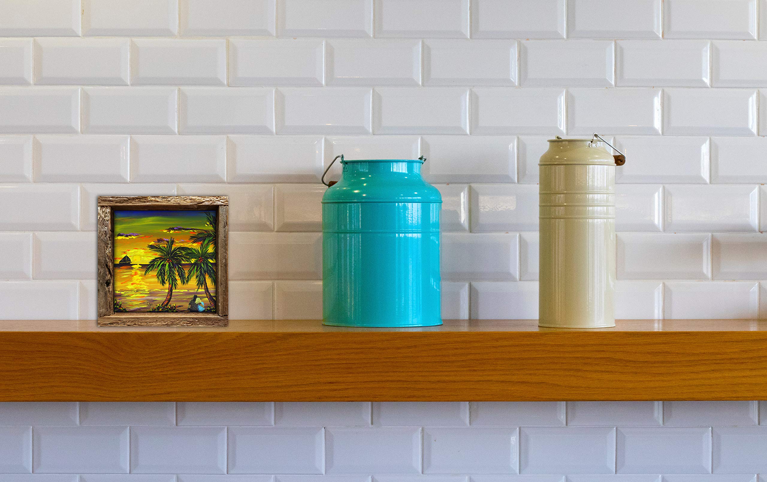 Lover's at Sunset | Original Art Print on a 4.25 x 4.25 Glossy Ceramic Tile Framed in Lobster Trap Frame