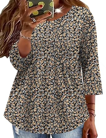 TFSDOD Womens Plus Size Tops 3/4 Length Sleeve Womens Tops Crewneck Pleated Boho Tunic Casual Shirts XL-5X