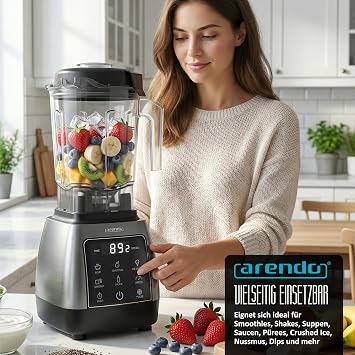 Arendo – Standmixer mit Touchpanel – 2000 Watt Hochleistungsmixer - 9 Geschwindigkeitsstufen – 24.000 U/min – Pulsfunktion – 5 Automatikprogramme – Mixer mit Display – 6 Messer aus Edelstahl