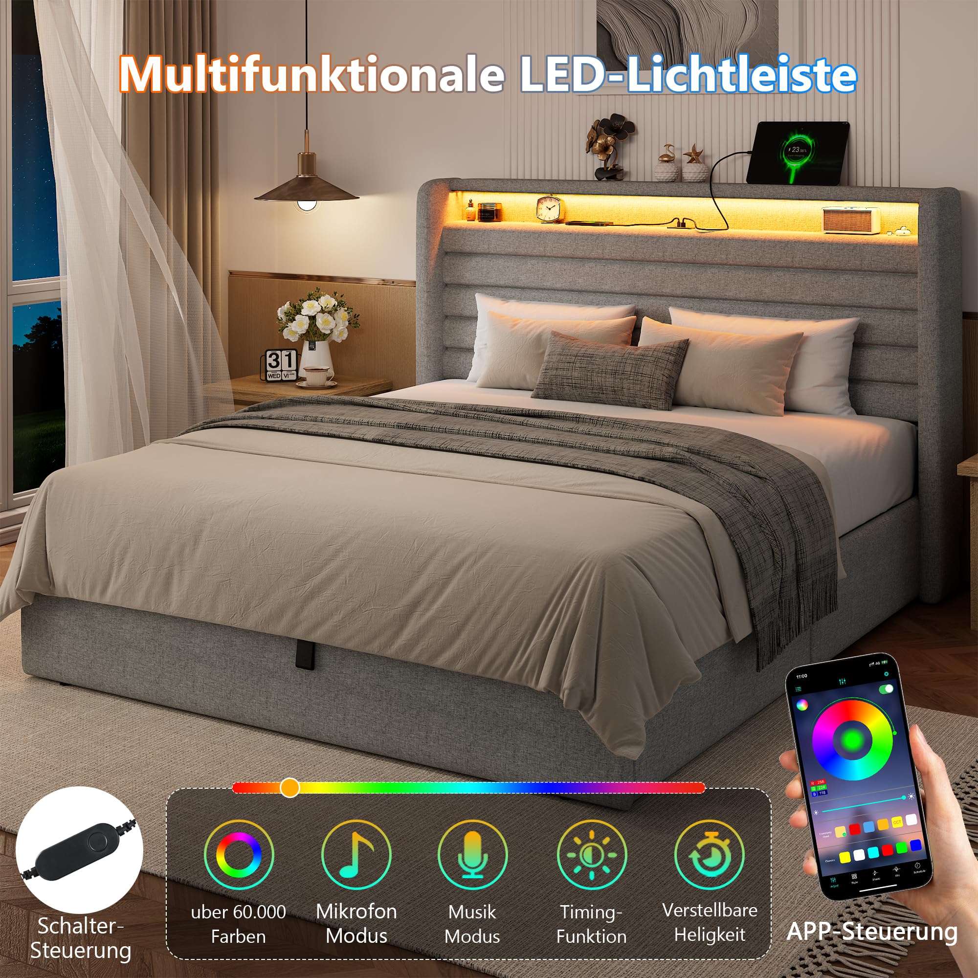 FEONASE Cama de 140 x 200 cm con Espacio de Almacenamiento, Cama Doble tapizada de 140 x 200 cm con cabecero hidráulico y de Lino, Espacio de Almacenamiento, Estructura de Cama con somier, Espacio de