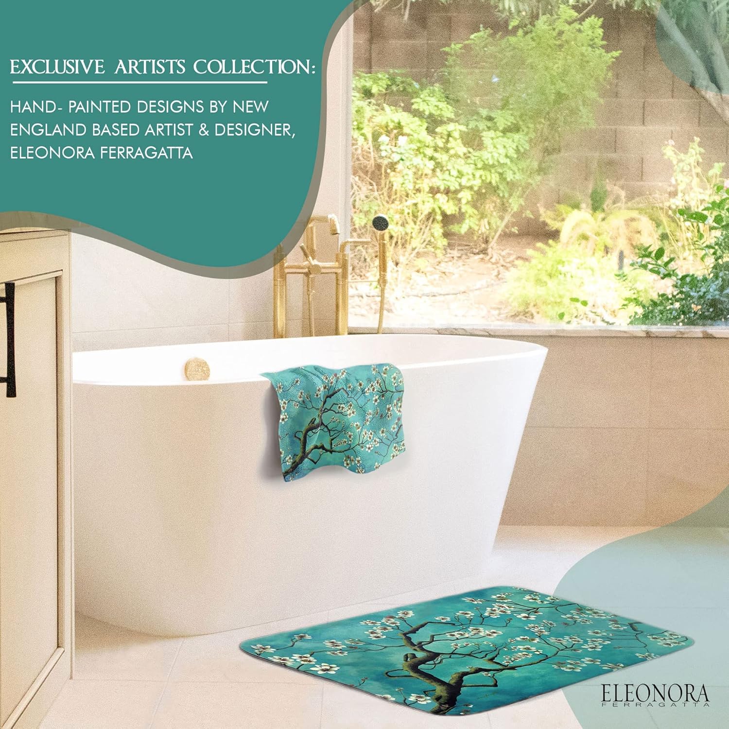 Almond Tree Bathroom Mat & Hand Towel (2-Piece Set) - Fine Art Print Bathroom Floor Mats - Micro Fiber (Teal) Decorative Bath Set -Soft Flannel Top & Memory Foam Machine Washable Bath Mat Set