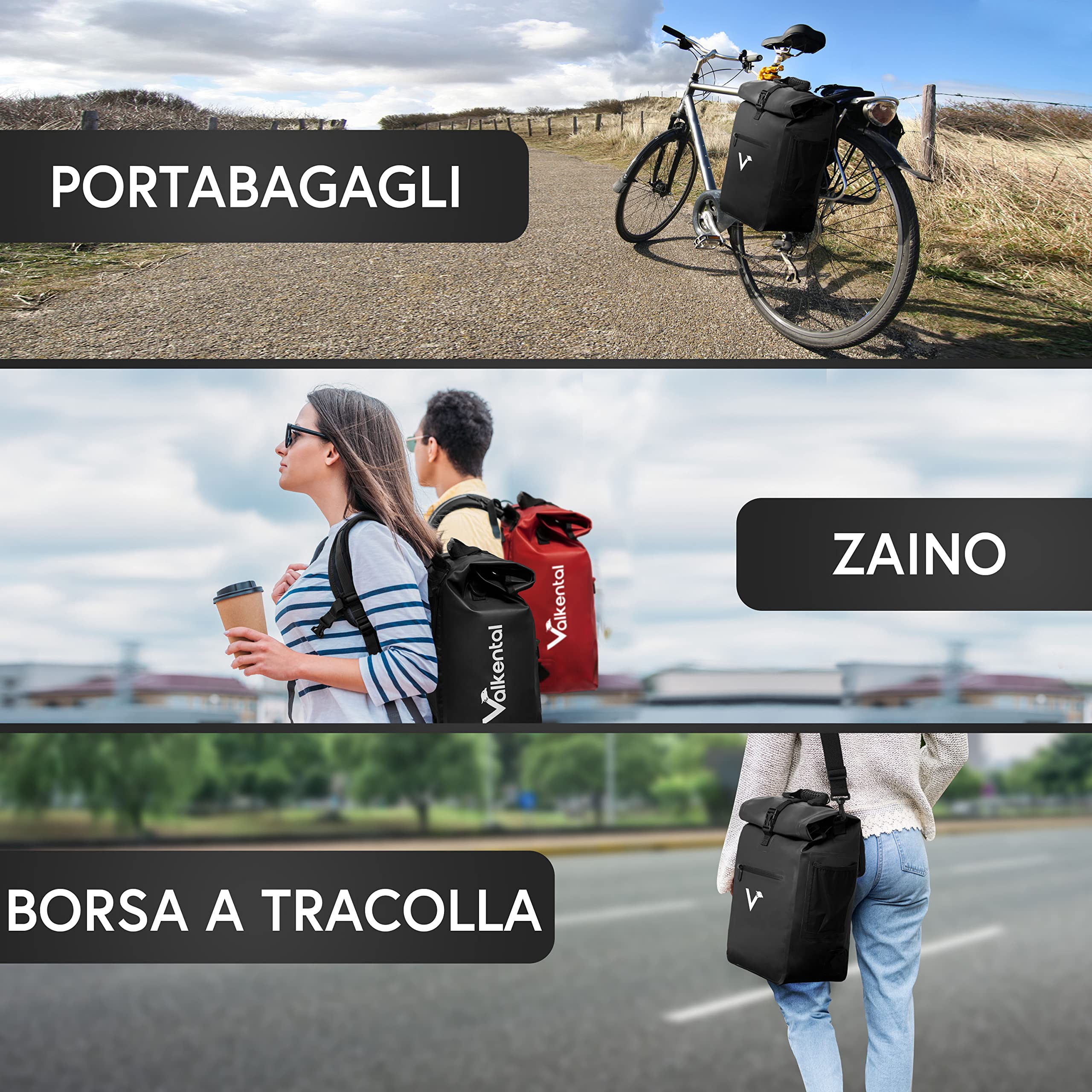 Valkental - Borsa da Bici Multifunzione 3 in 1: Portabagagli, Zaino e Tracolla - Materiale Impermeabile con Catarifrangenti - Ideale per Ciclismo Urbano - Design Sostenibile e Sicuro