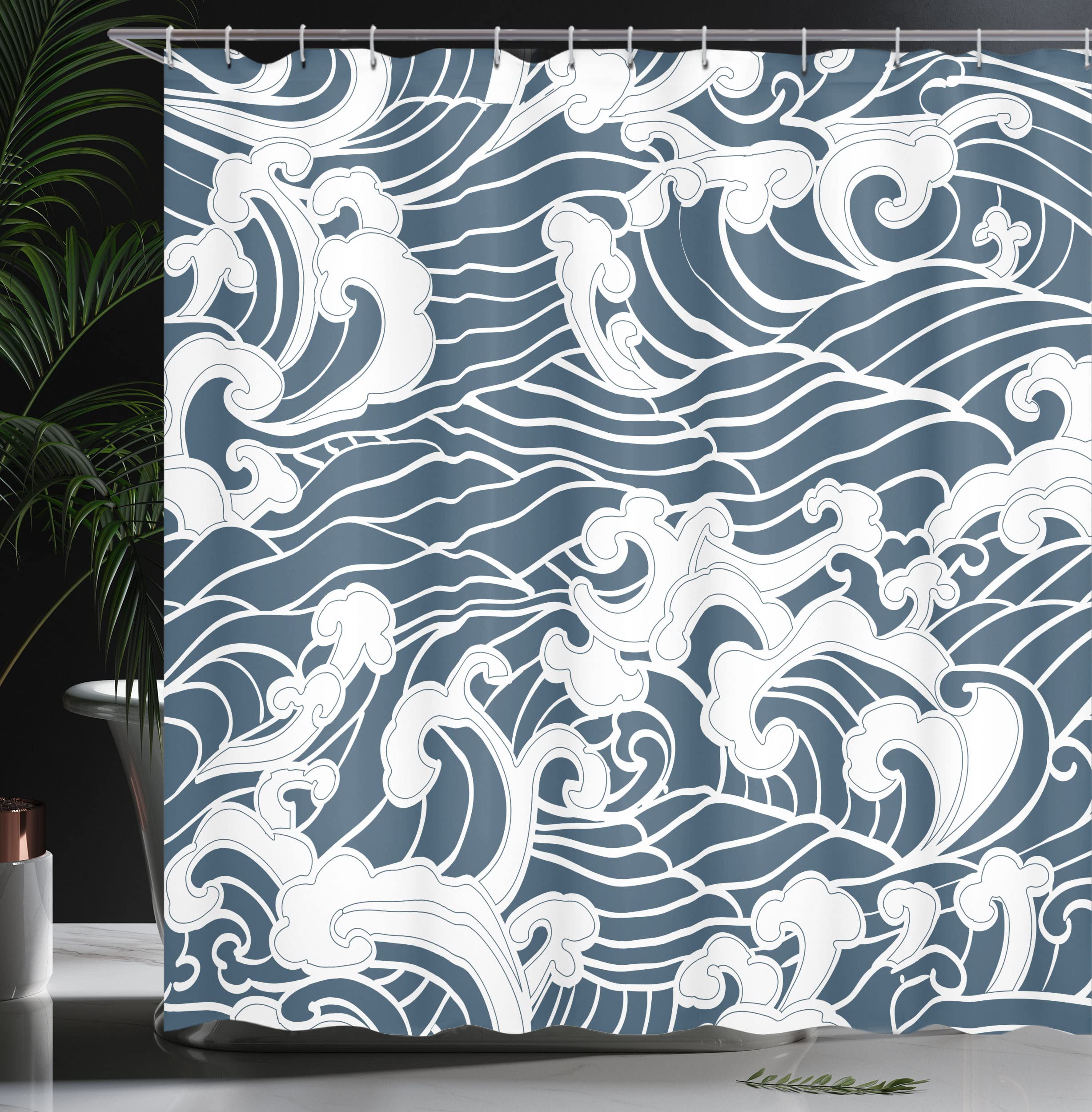 ABAKUHAUS Japanese Wave Shower Curtain, Hand Drawn Traditional Style Aquatic Doodle River Storm Retro Abstract - Image 3