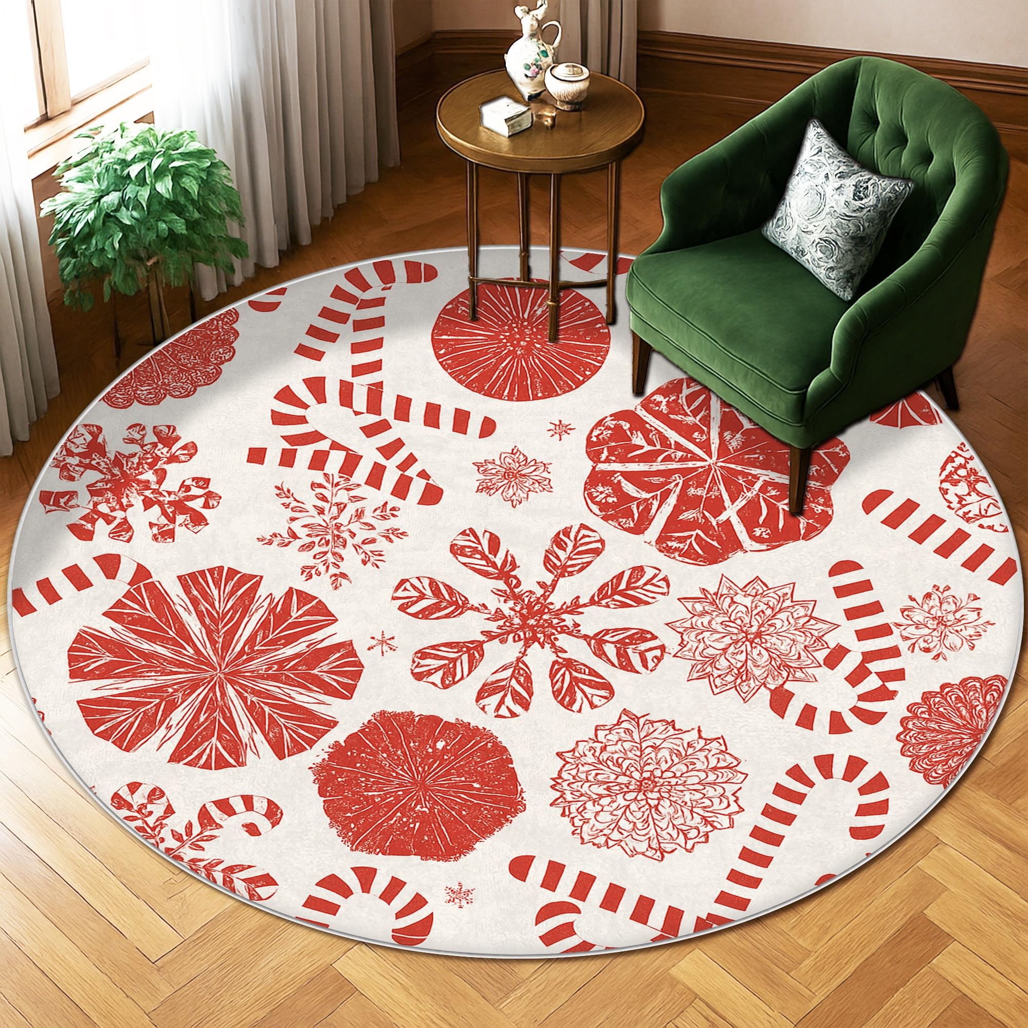 Tapis de Noël 1,8x1,8m flocon et canne à sucre rouge à poils courts pour salon