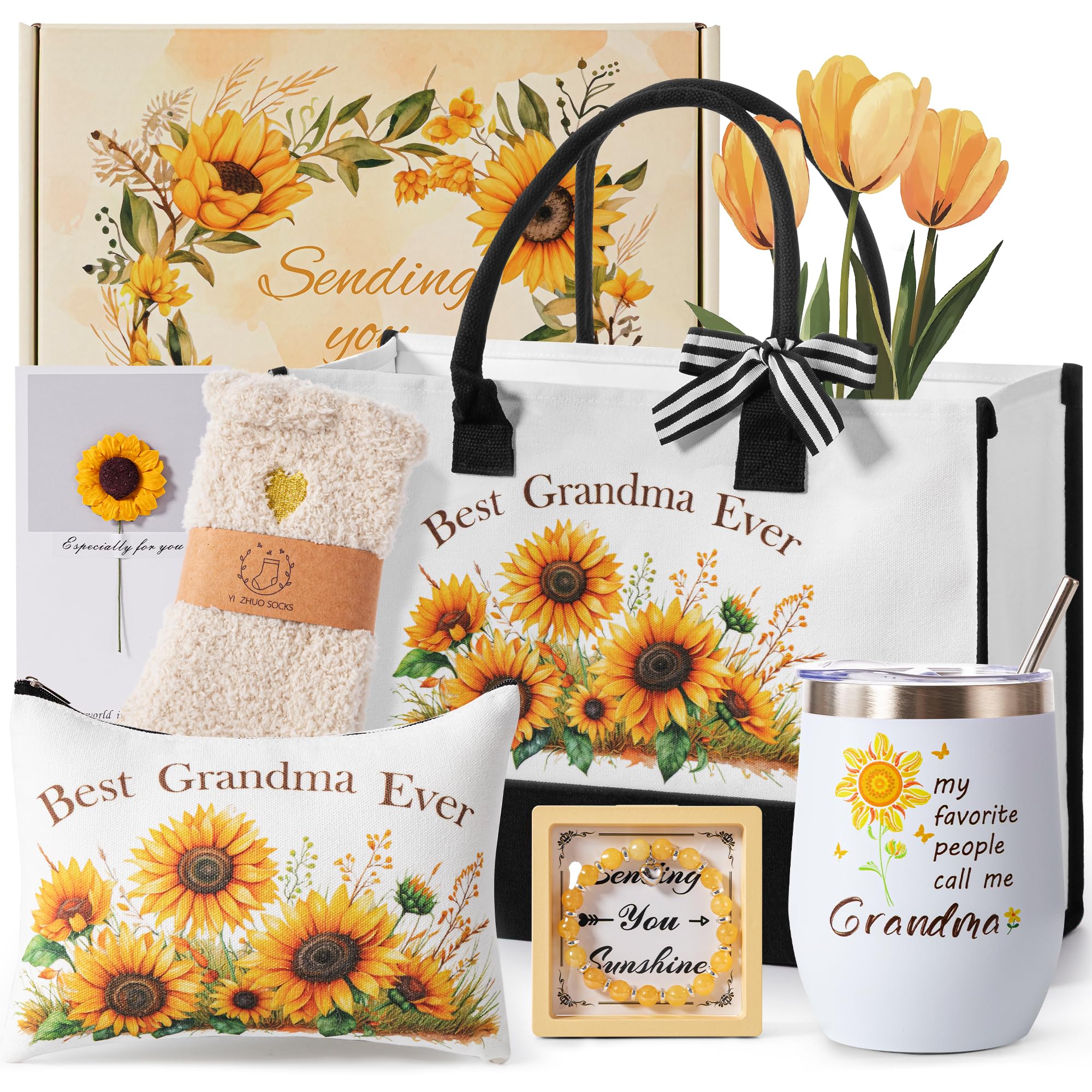 Mothers Day Gifts for Grandma,Best Grandma Ever Present from Granddaughter Grandson Grandchildren,Unique Grandmother Birthday Gift Hamper Nana Gift Basket for Gigi New Granny w/Canvas Tote Bag