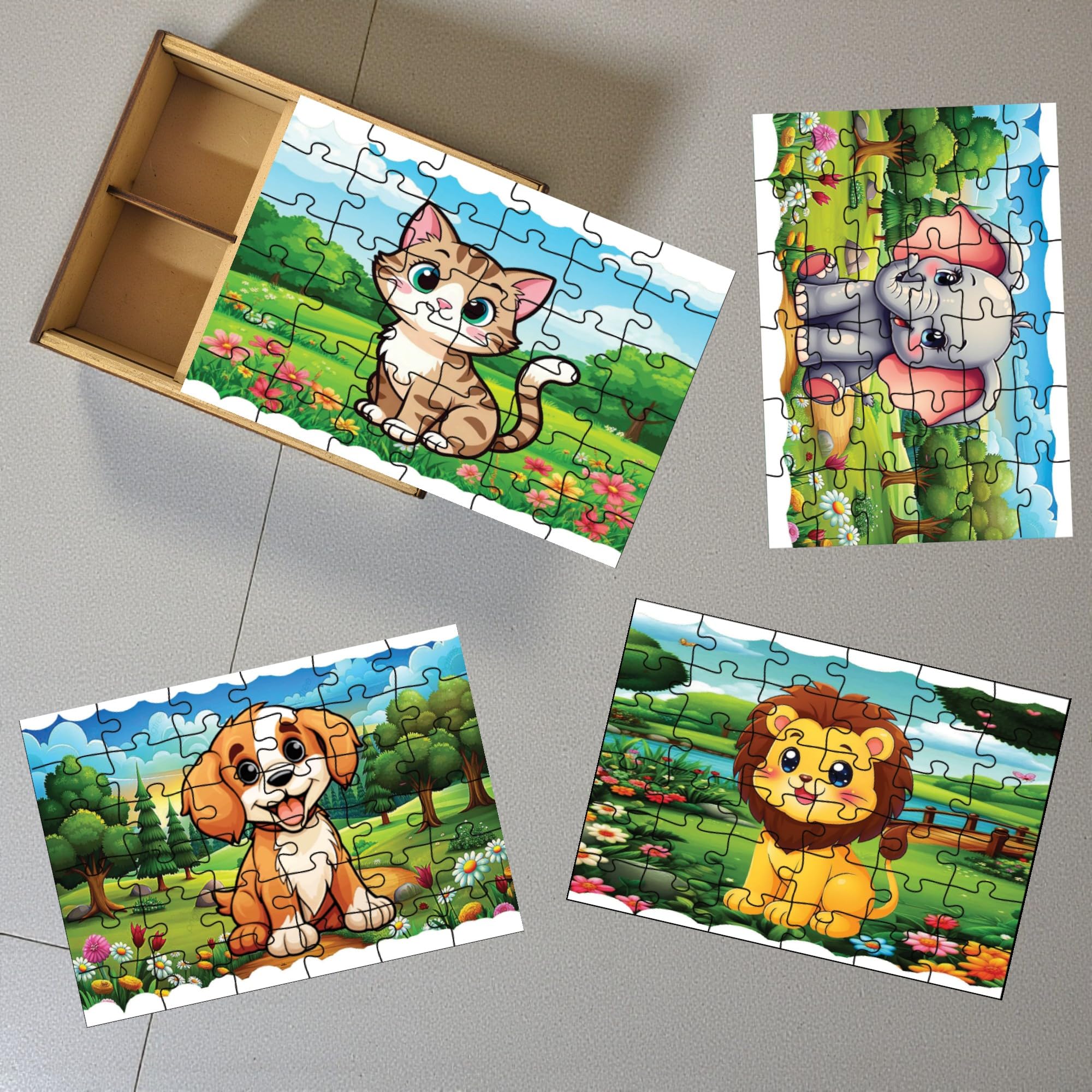 BAGJI TOYS Wooden Animal Jigsaw Puzzle Set for Kids (3+ Years) | 4-in-1 Cartoon Animal Puzzles with Wooden Storage Box | Learning Toy for Brain Development & Motor Skills