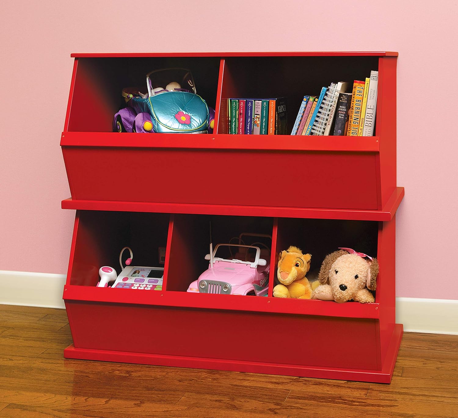 Badger Basket Stackable Toy Storage Organizer - Two Bin Cubby Shelf for Kids Room, Playroom, Nursery - Red