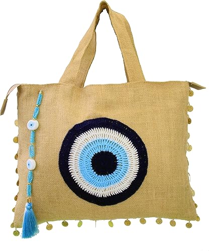 KarensLine Handmade Evil Eye - Bolsas de playa ecológicas para mujer, cierre de cremallera, forro interior lavable, Beige