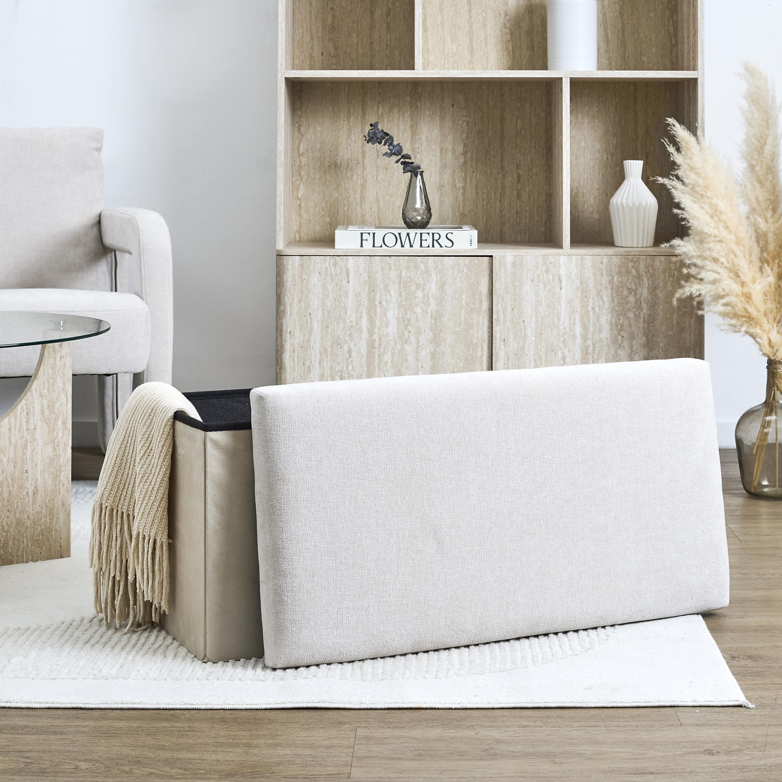 HOME DECO FACTORY - HD7799 - Coffre Banc Pliable Emilia - Meuble de Rangement Pratique en Polyester - Design Épuré - Idéal pour Salon ou Chambre - Capacité de Rangement Optimale - Beige