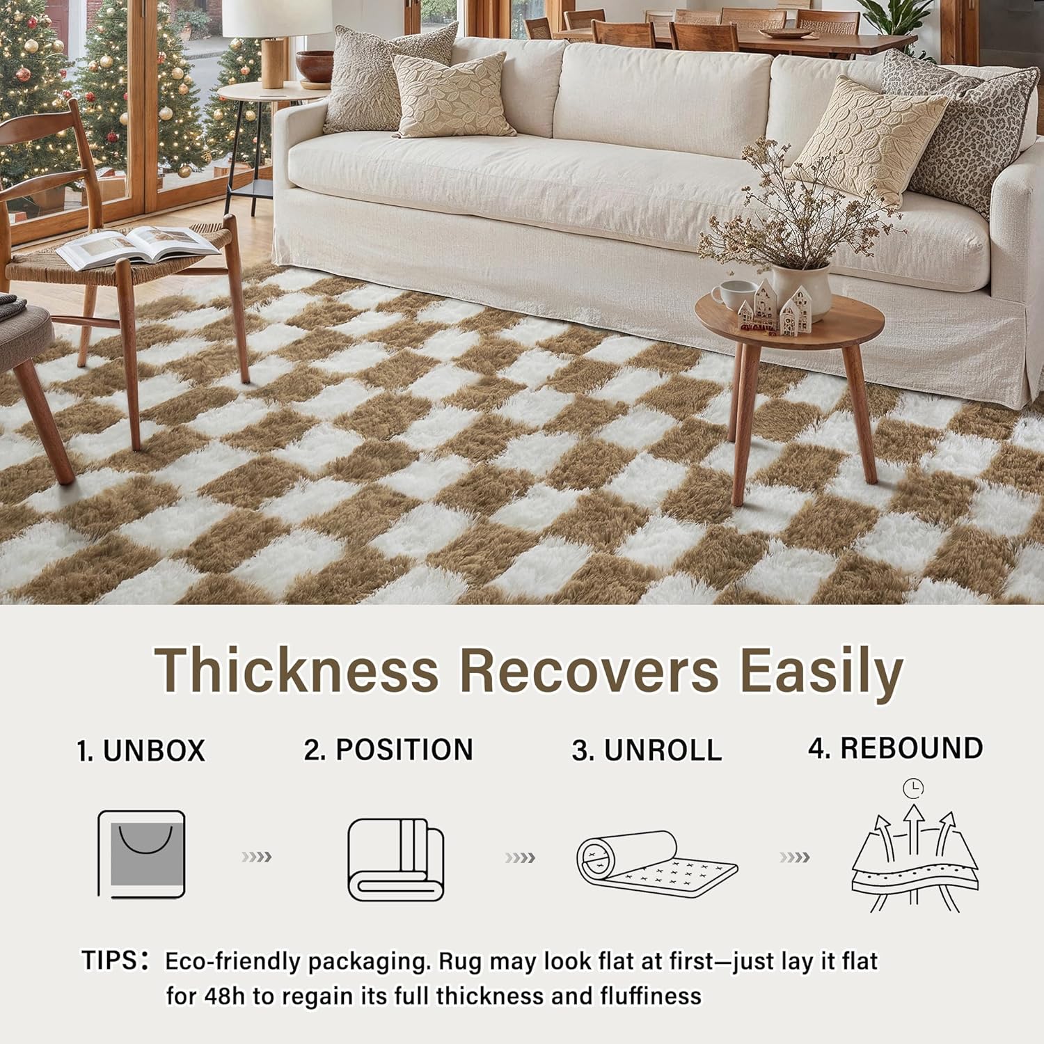 Checkered Rug 8x10 for Living Room, Brown and White Modern Shag Rugs Super Soft Washable Indoor Office Fuzzy Carpet Non-Slip Fluffy Rugs for Bedroom Home Aesthetic Decor - Image 6