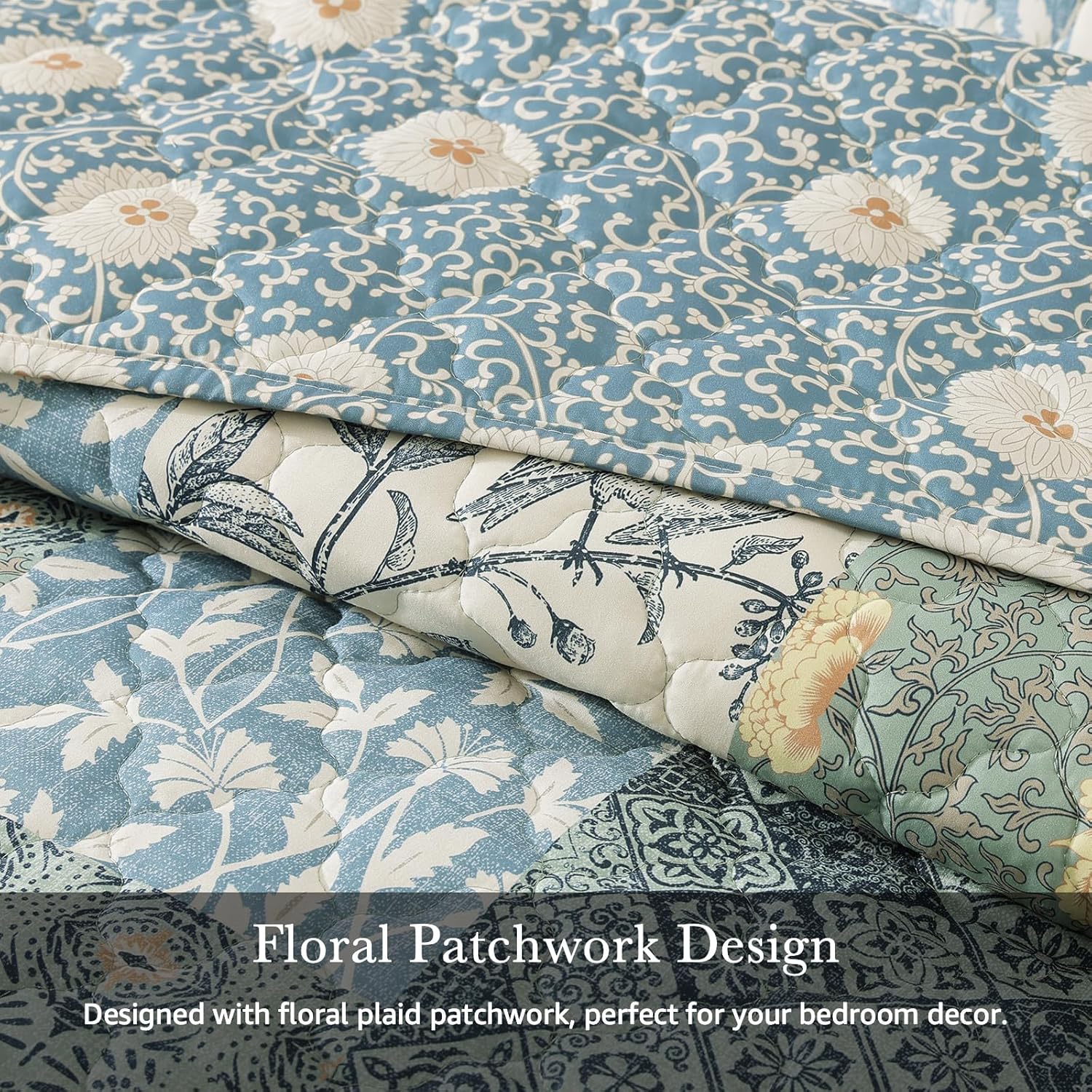 CASAAGUSTO Queen Quilt Set - 3 Pieces Patchwork Green Quilt Bedding Set, Lightweight Queen Bedspread Coverlet, Reversible Floral Bed Cover for All Seasons (90"x94", 1 Quilt + 2 Pillow Shams) - Image 6