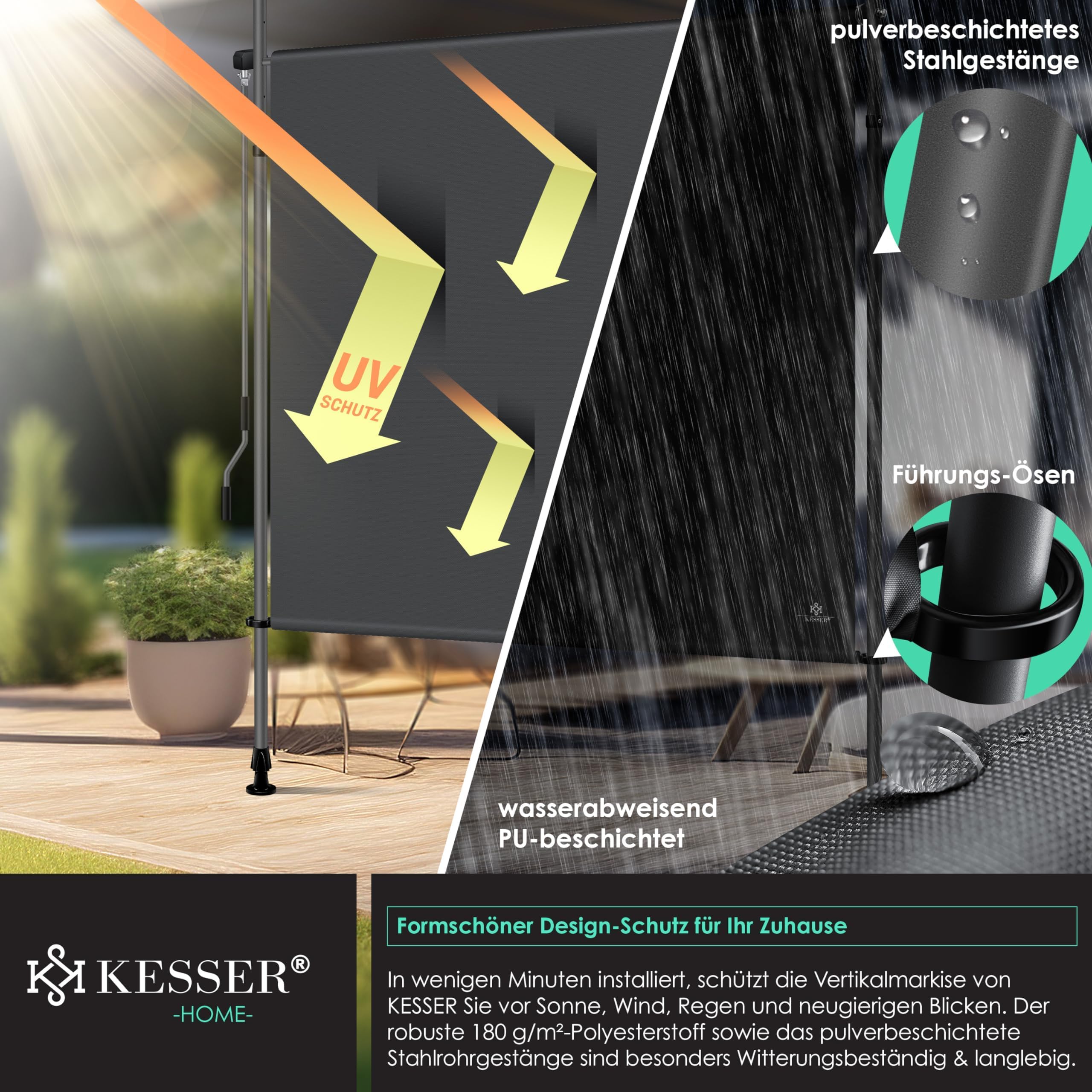 KESSER® Toldo de sujeción de 200 x 310 cm, para jardín, balcón, protección visual, resistente a la intemperie, al viento y al sol, toldo vertical con manivela sin taladrar, extensible, impermeable y
