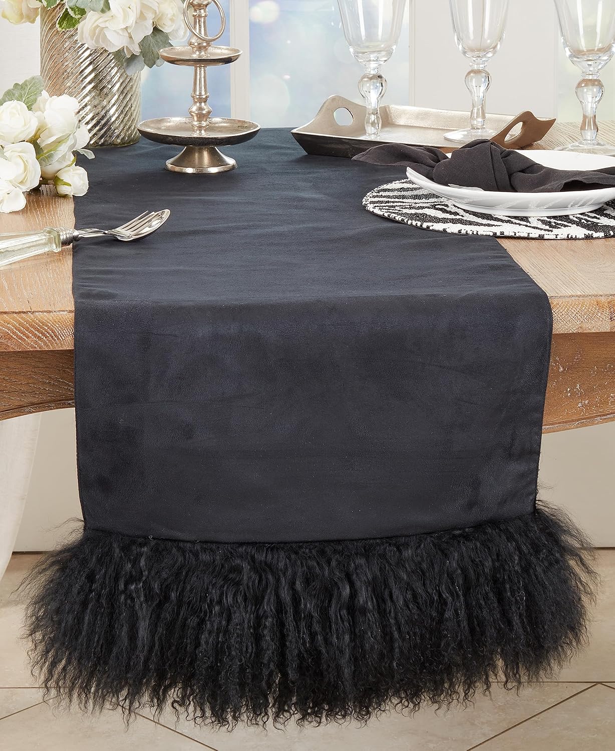 Saro Lifestyle Mongolian Wool Lamb Fur Trim Table Runner, Black, 16"x72"