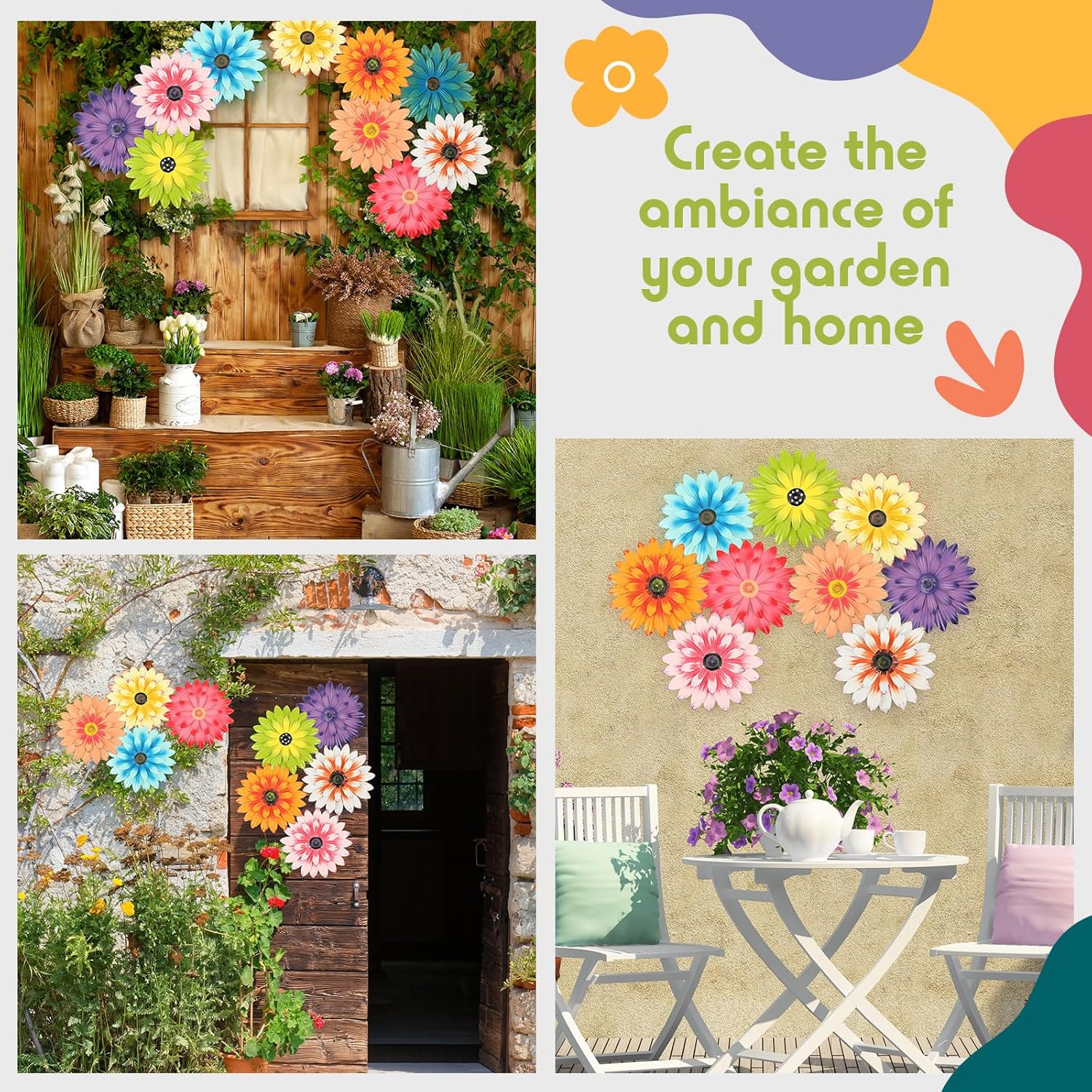 Zhehao 9 Pcs 8 Inch Metal Flower Wall Art Hanging 3D Daisy Decor Metal Flowers Outdoor Decor Multicolored Layered Floral Sunflower Wall Decorations for Indoor Home Room Office Garden Porch Patio