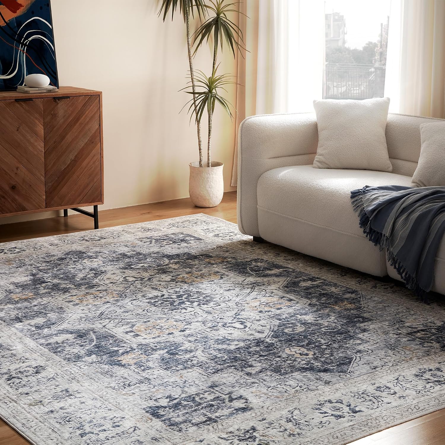 SLEEP ZONE 4x6 Area Rug for Bedroom, Machine Washable Area Rugs for Living Room, Low Pile Lightweight Non Slip Carpet, Vintage Rug for Dining Room, Home Office, Teal
