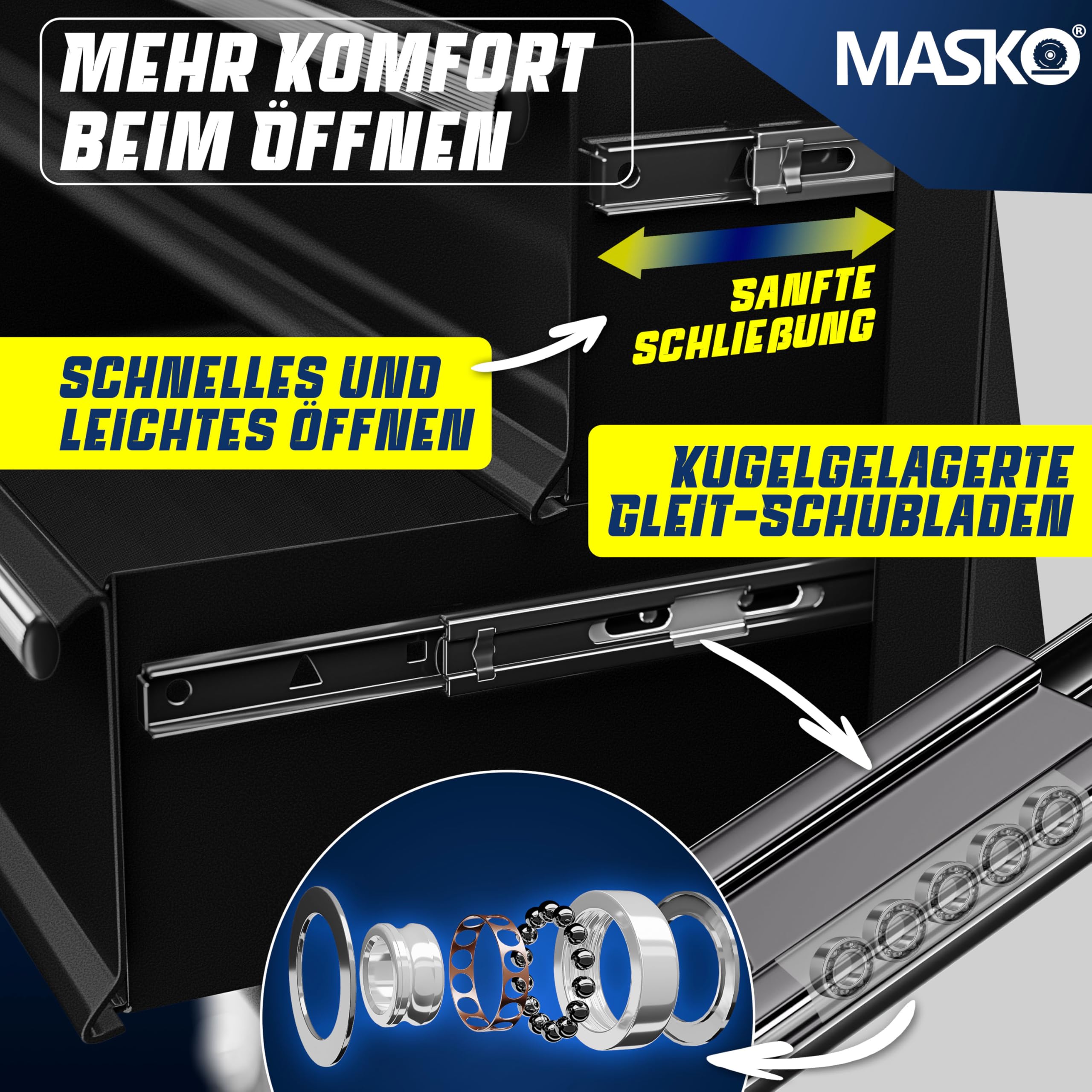 MASKO® carro de taller – 7 cajones, color negro, con cerradura, metal macizo, móvil sin herramientas, profesional de taller sin equipamiento, carrito con ruedas