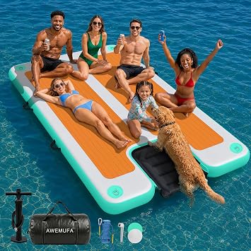 AWEMUFA Inflatable Floating Dock with Ramp 5ft/6ft/8ft/10ft Inflatable Dock Floating Platform, Floating Island Mat Boat Float Lake Floats, Large Rafts Floaties for Adult Pool Ocean Beach Boat Parties