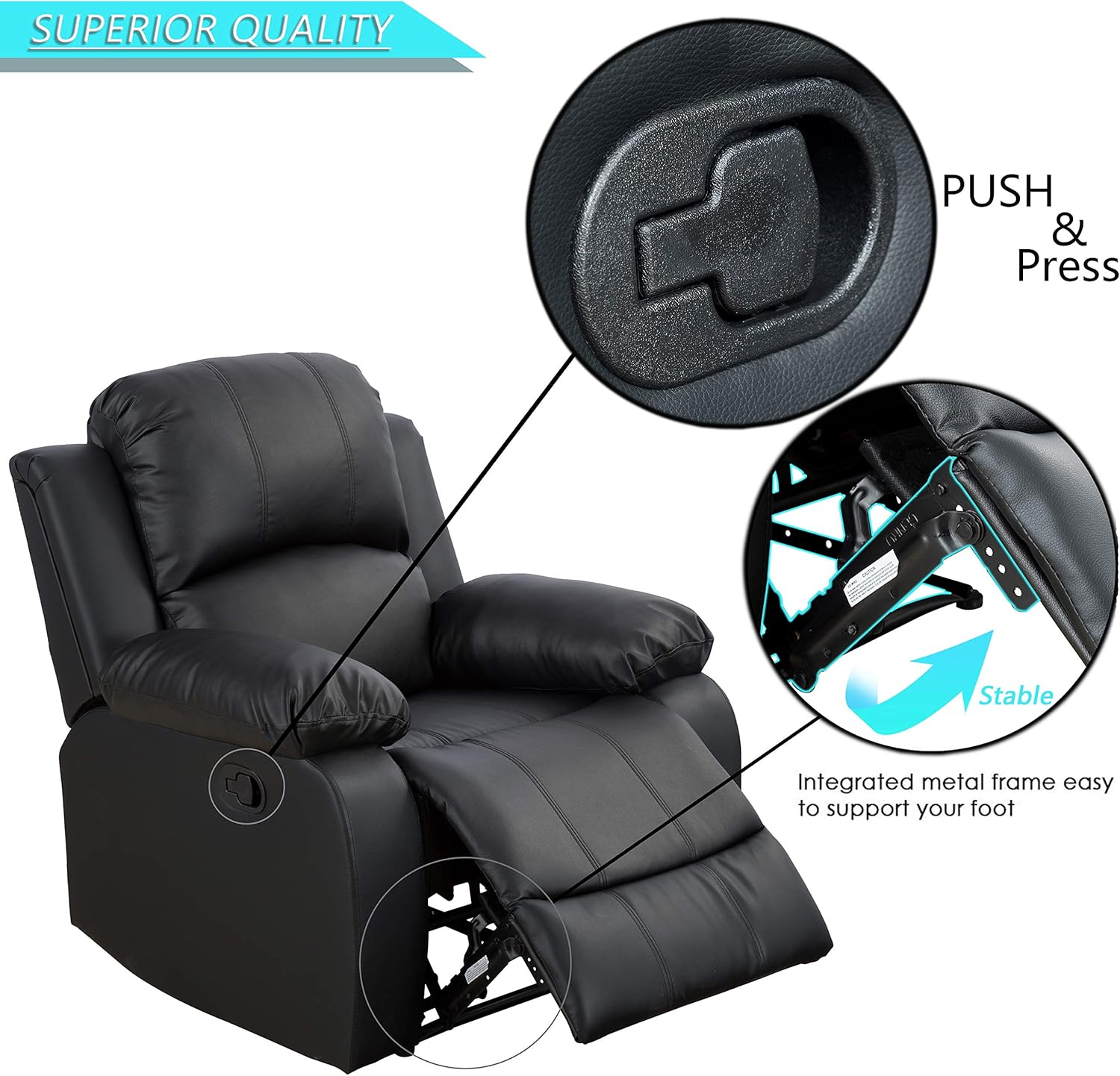 A Ainehome Recliner Sofa Living Room Set Reclining Couch Sofa Chair Loveseat Manual Motion Recliner Home Theater Seating (Bonded Leather, Black, 3 PCS)