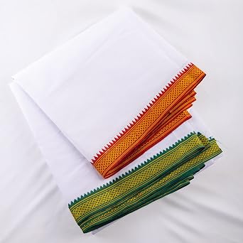 Cotton Dhoti Vesti Mundu Single Layer Traditional Ethnic Wear White with Colored Large Border 3.6 meters for Religious Occasion Wedding New Year Temple Puja Rituals Housewarming and Gifting
