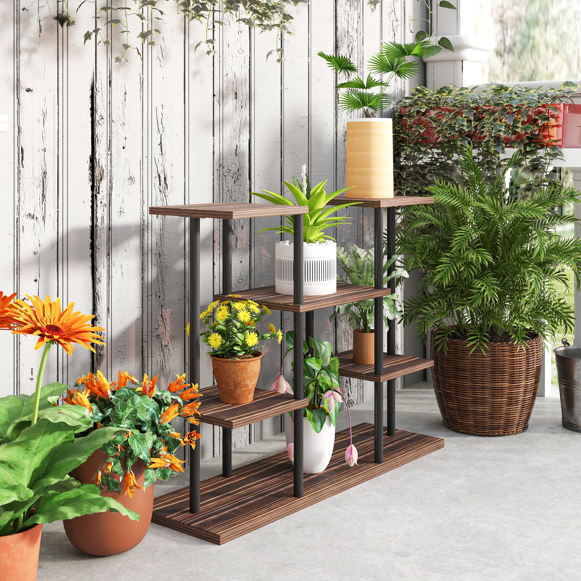 Outsunny 4-Etagen Pflanzenständer 61,5 cm Hoch Blumenständer Verkohlt | Pflanzenregal Holz, Mehrstöckig Blumentreppe, Blumenständer für Innen Außen, Blumentopfständer, Garten, Balkon