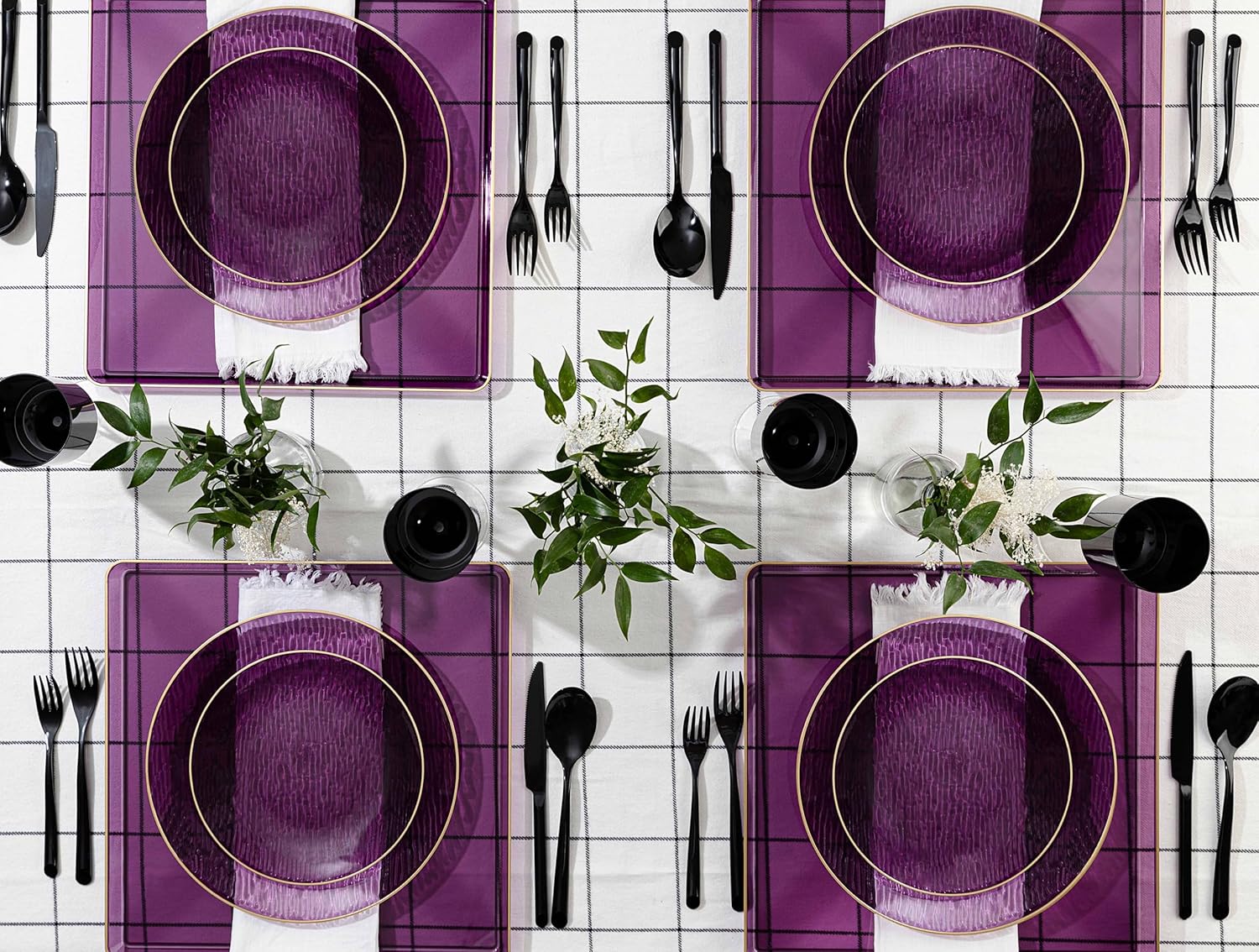 PLASTICPRO 96 Pieces Elegant Plastic Plates for Party Purple with Gold Rim Includes 7" inch and 10" inch Fancy Plastic Plates Disposable Dinnerware