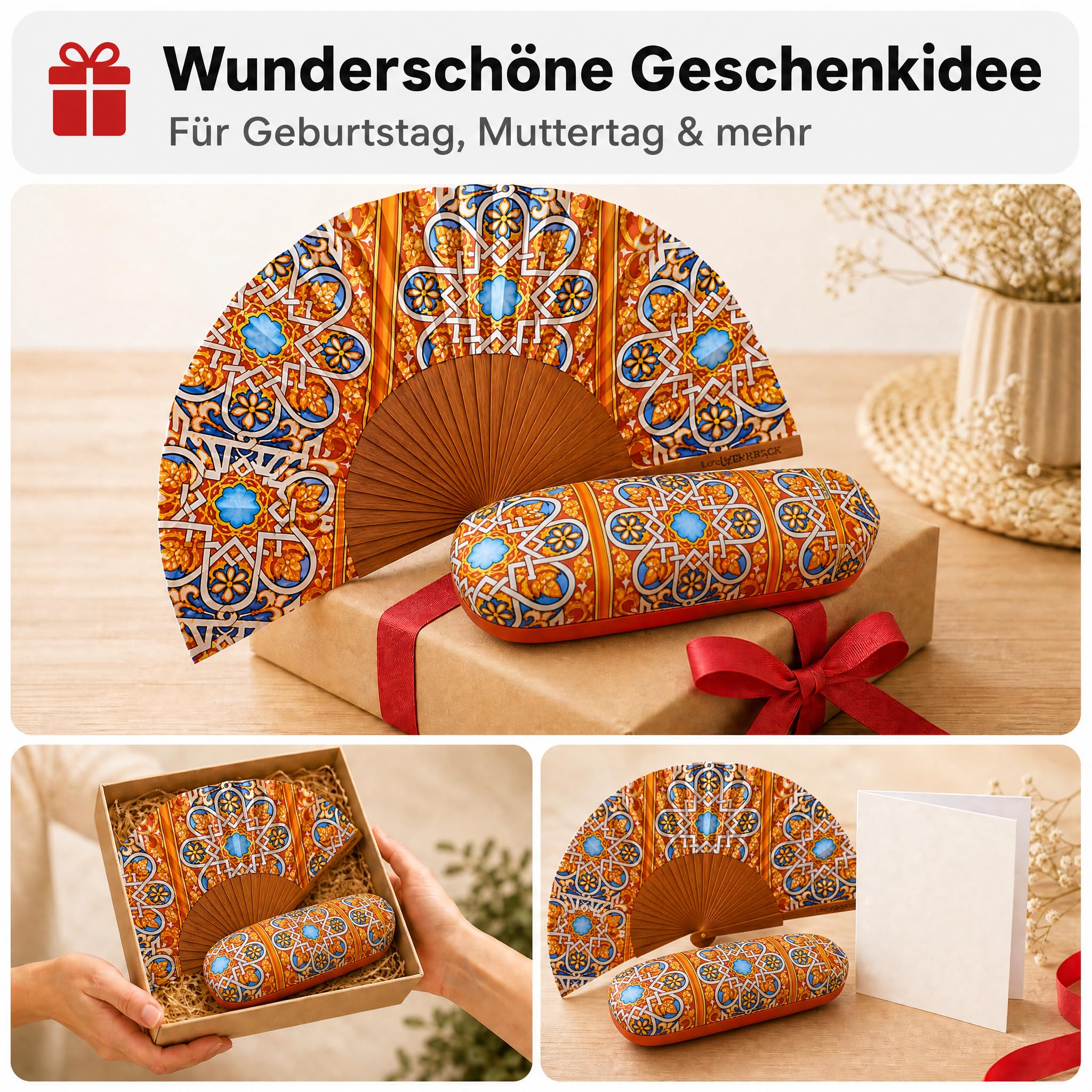 Handfächer & Brillenetui Set Stefanie, Buntglas Muster, Geschenkset Frauen | Faltbarer Handfächer mit Holzgestell und passendes Hartschalen-Brillenetui im farbigen Design – als Muttertagsgeschenk