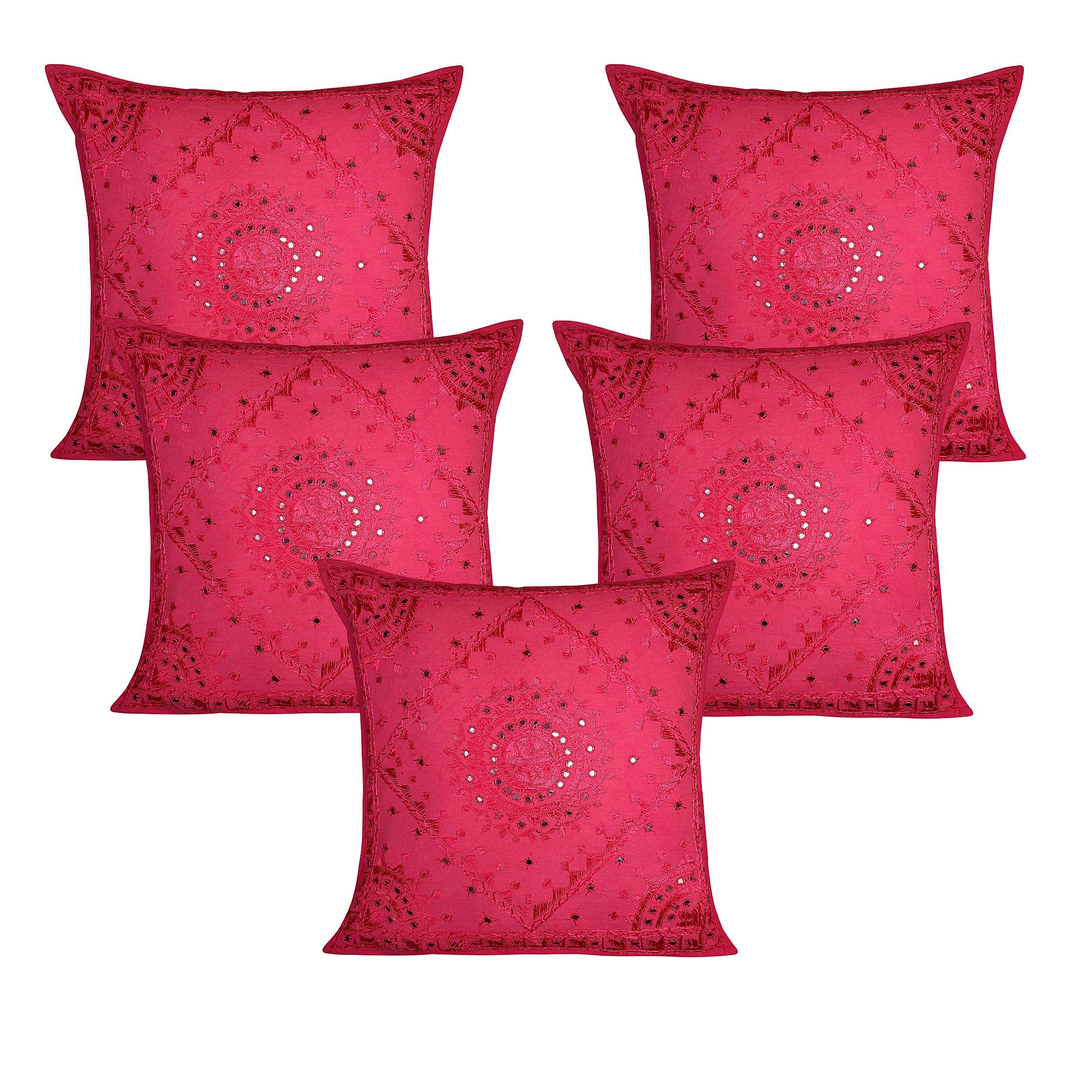 Bohemio Fundas para Almohadones Decorativos 60x60 cm Algodón Espejado Fundas Cojines Sofa Rosa 24x24 Inch Bordado Cuadrado sobre Fundas Almohadones para Sillas - 5 Pcs