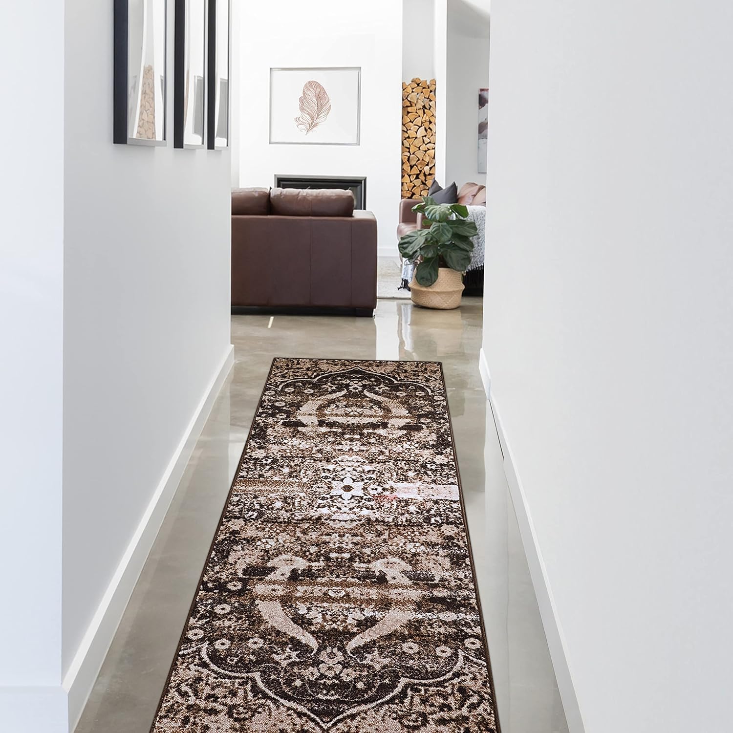 BNM Indoor Runner Rug, Modern Home Decor for Living Space, Kitchen/Dining Room, Bedroom, Office Floor, Entryway, Non-Slip Machine Washable Rugs, Oswell Collection, 2' 7" x 8', Chocolate