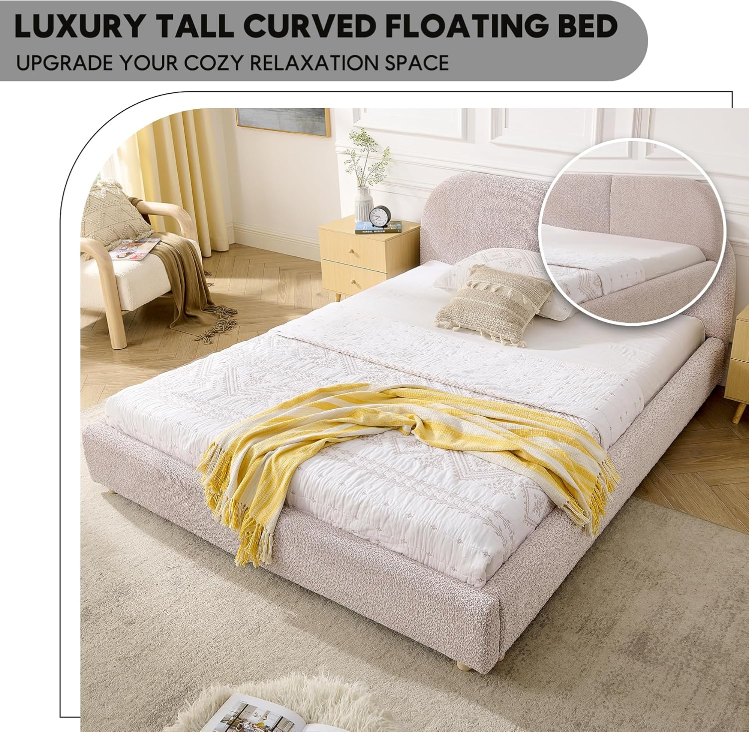 Queen Size Luxury Bed Frame with Curved Shaped Headboard, Upholstered Cloud Platform Bed with Sturdy Leg Support, No Box Spring Needed, Easy Assembly, Pink