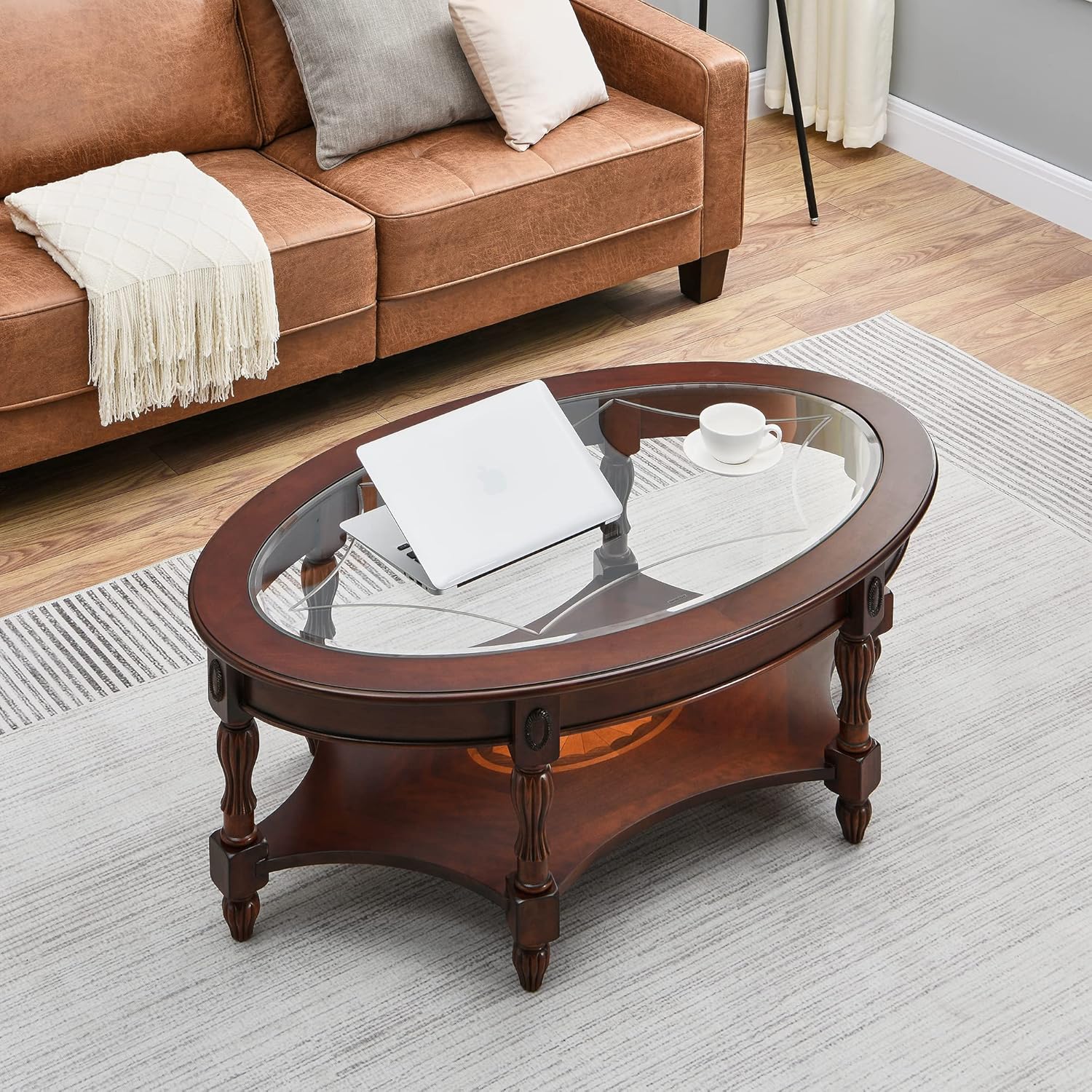 MODERION Traditional Solid Wood Coffee Table with Tempered Glass Top,Oval Cocktail Table with Storage Shelf for Living Room,Office Walnut