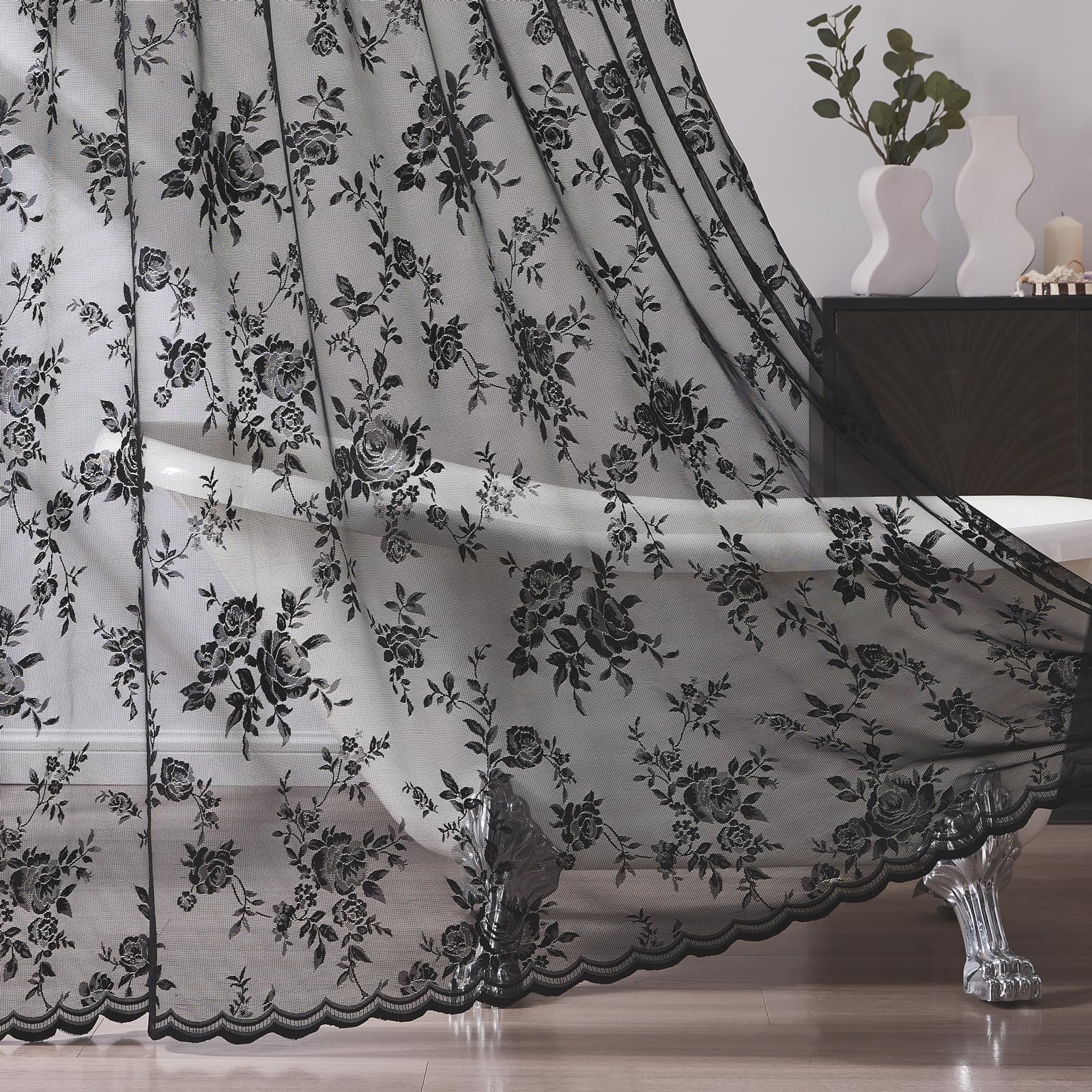 Black Lace Shower Curtain Luxury Vintage Floral Shower Curtain with Attached Valance Decorative Vintage Boho Bath Curtain for Master Bath Hotel Dark Gothic Halloween Victorian Decor, 1 Panel, 72 x 72